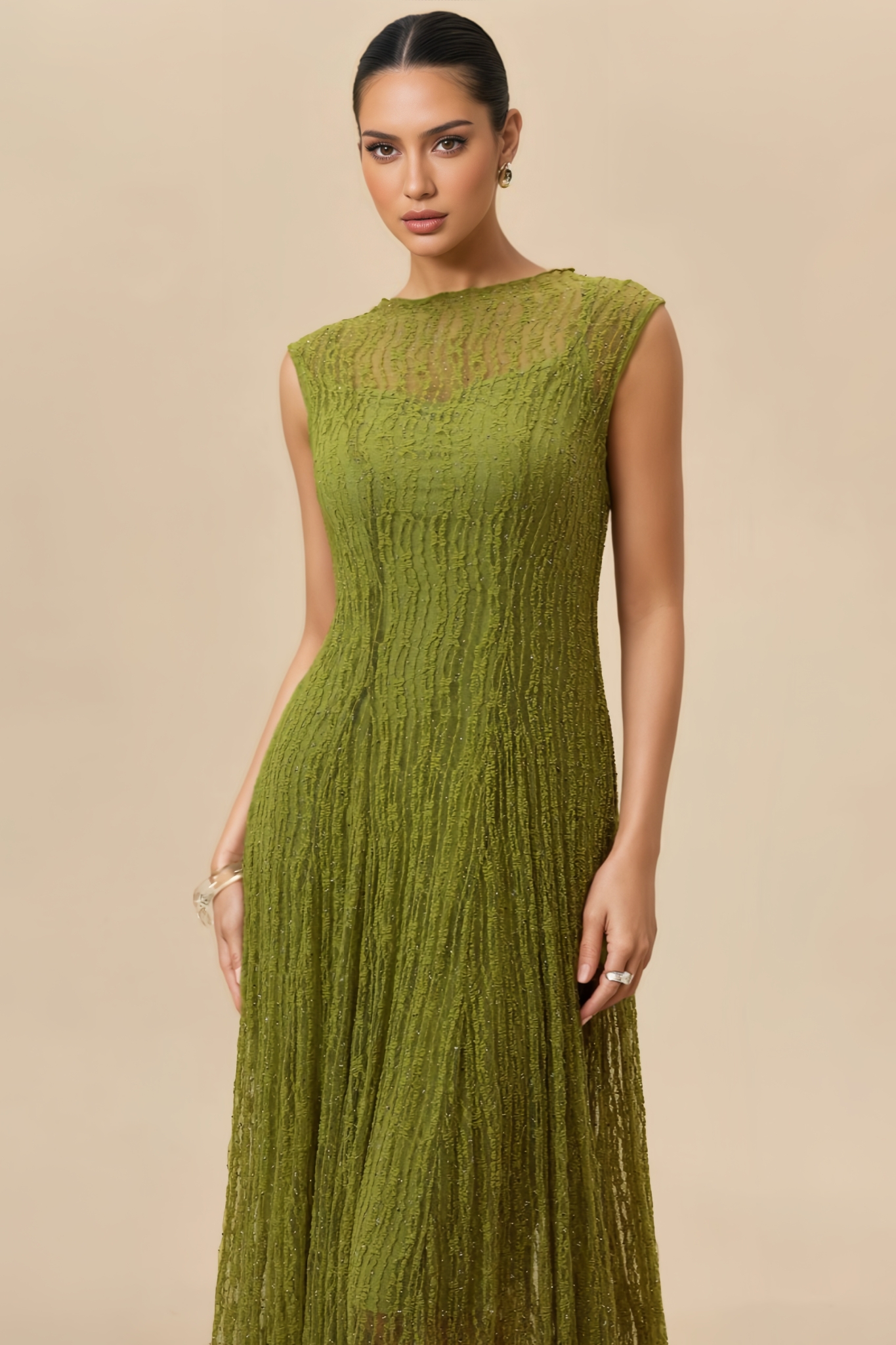Hippa Green Sleeveless Pleated Maxi Dress