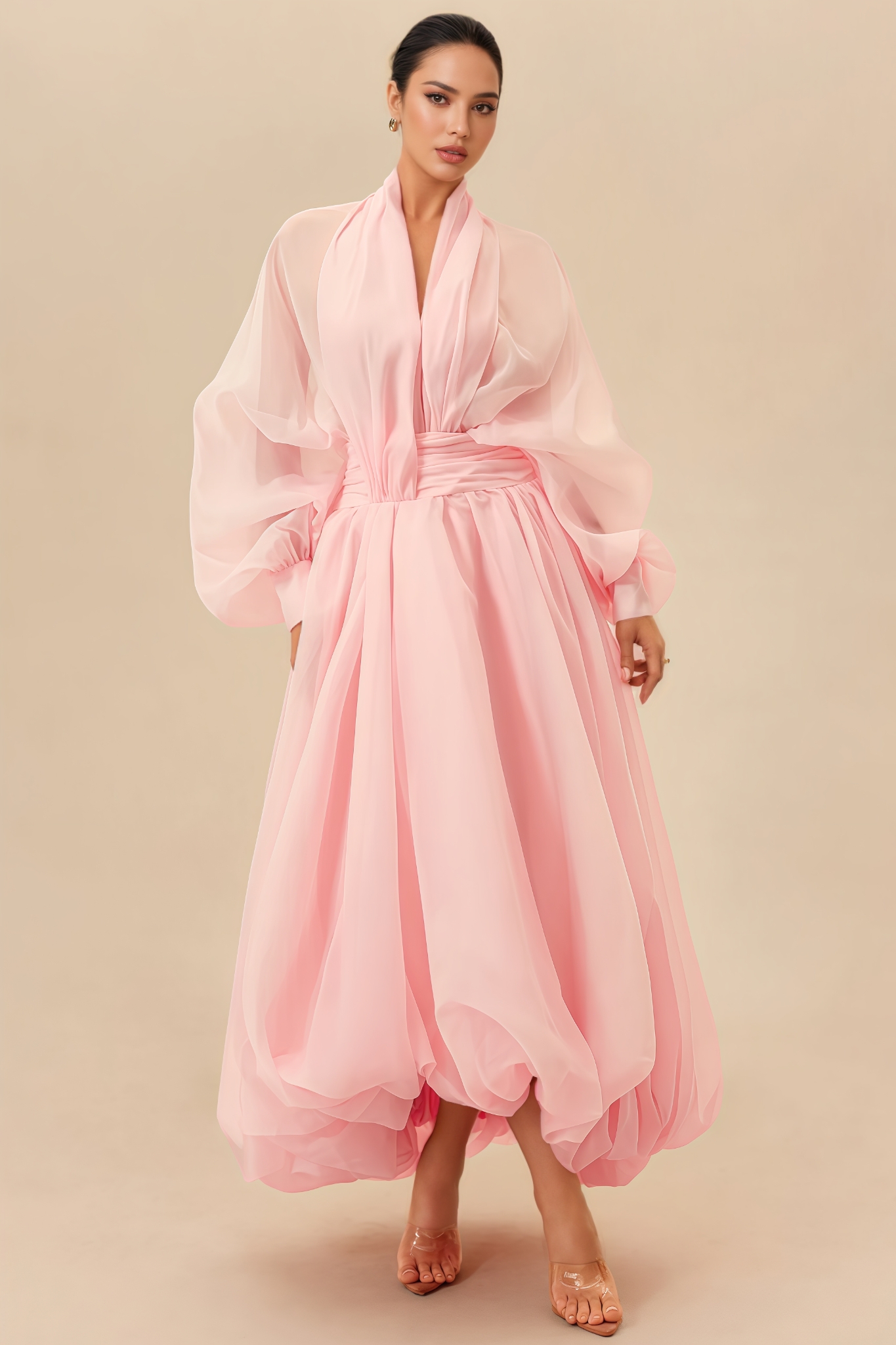 Rosea Pink Long Sleeve Pleated Maxi Dress