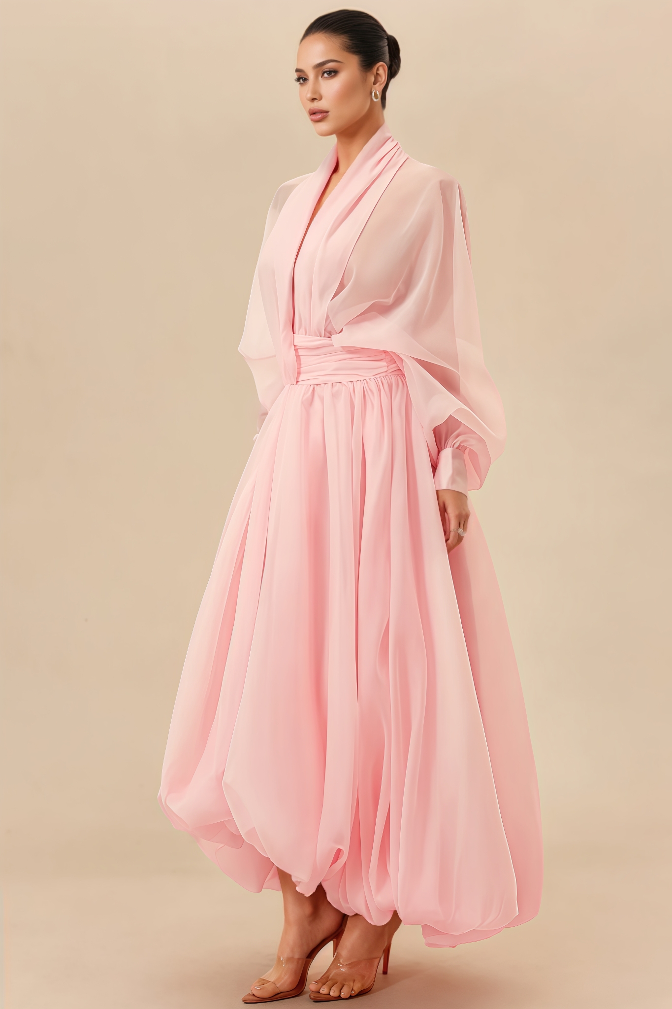 Rosea Pink Long Sleeve Pleated Maxi Dress