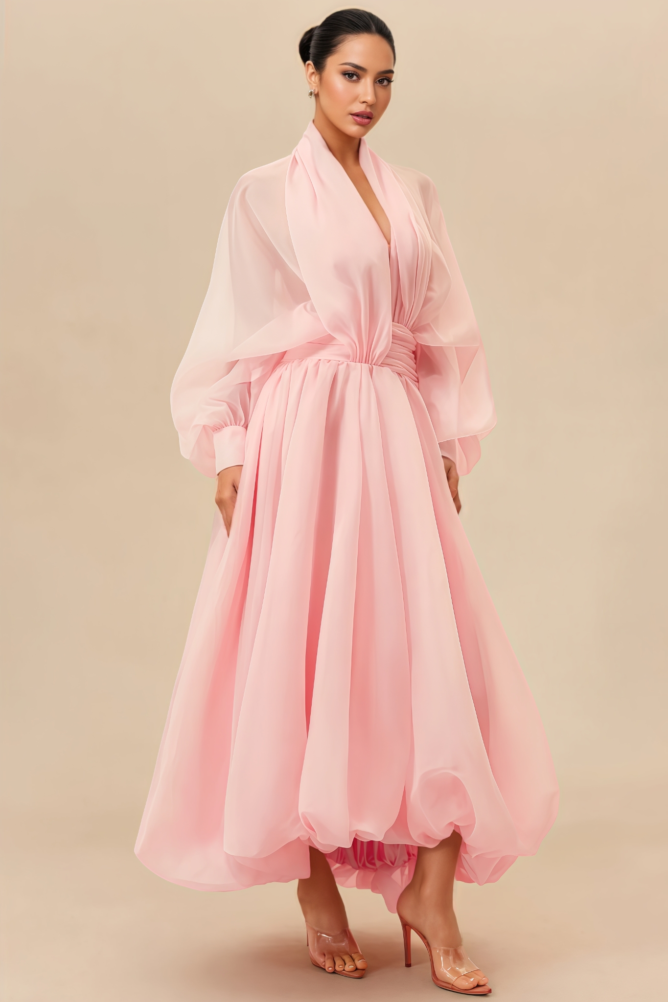 Rosea Pink Long Sleeve Pleated Maxi Dress