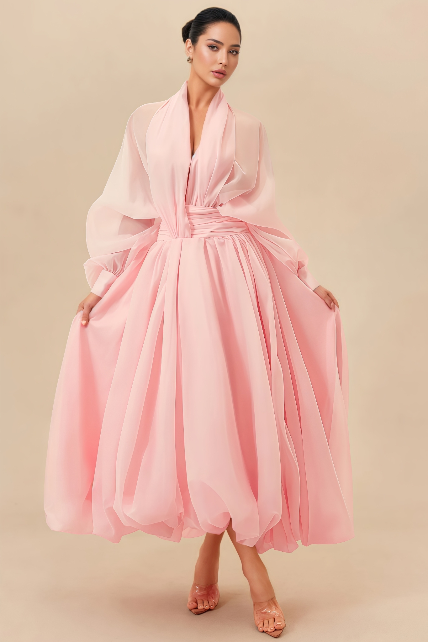 Rosea Pink Long Sleeve Pleated Maxi Dress