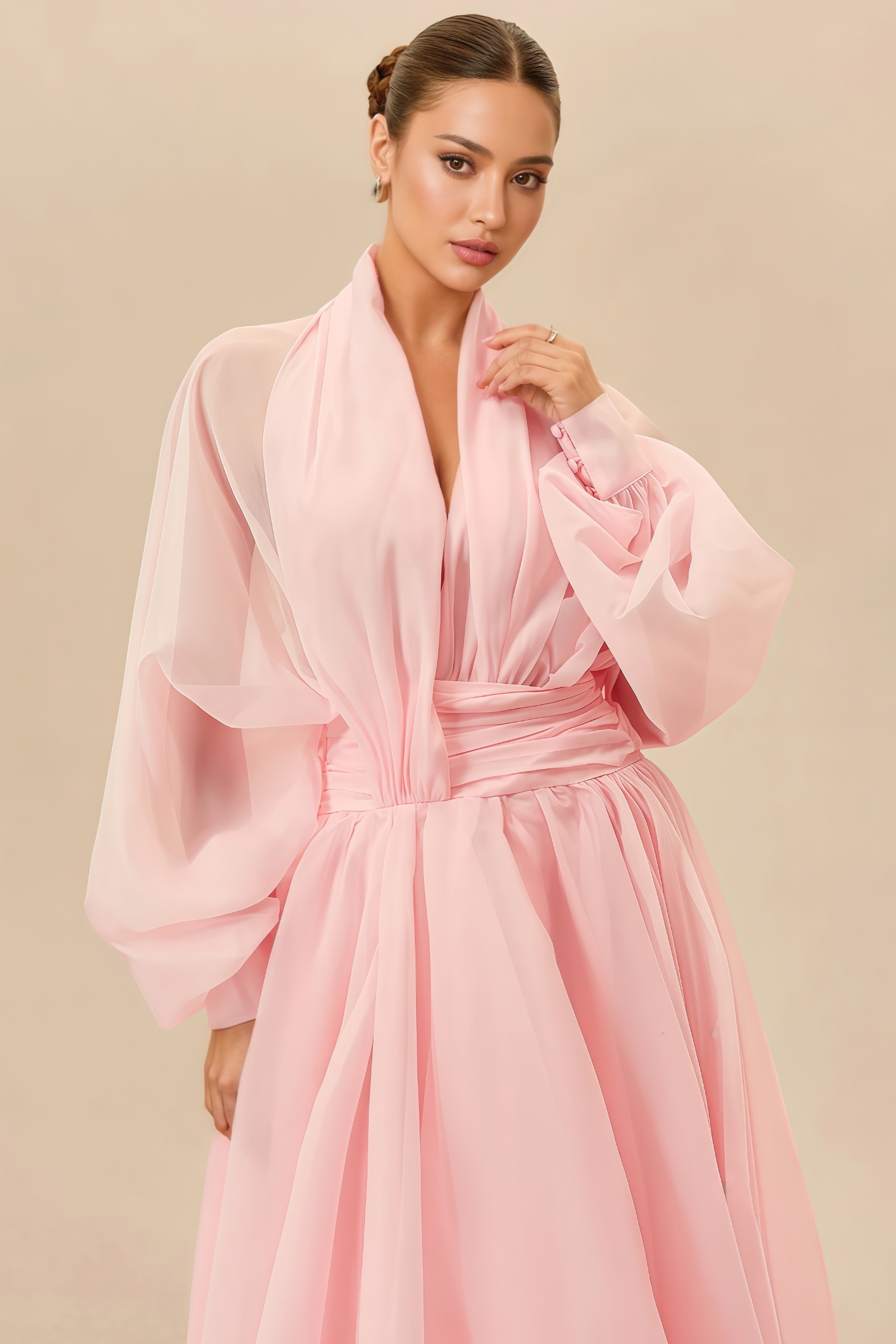 Rosea Pink Long Sleeve Pleated Maxi Dress