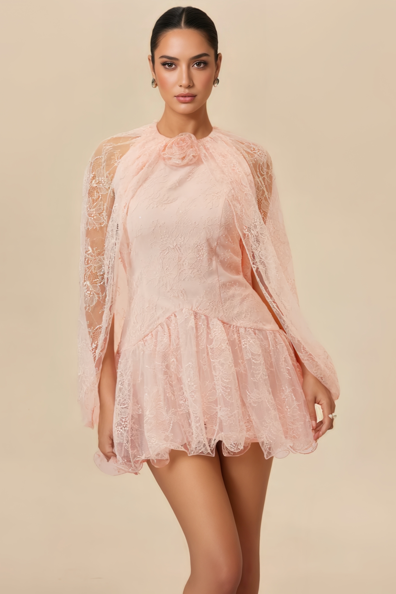 Hoderick Pink Halter Neck Lace Mini Dress