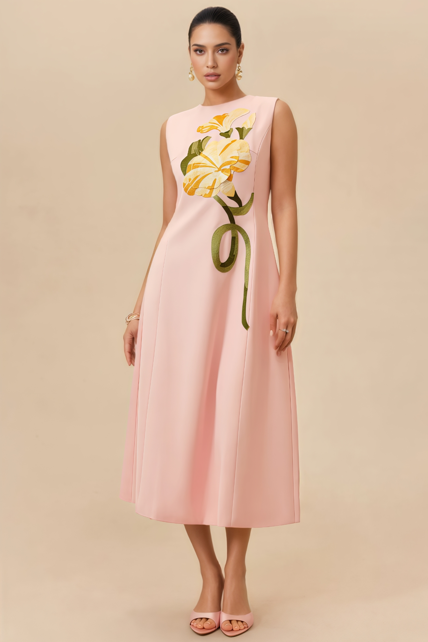 Leville Pink Sleeveless Embroidery Midi Dress