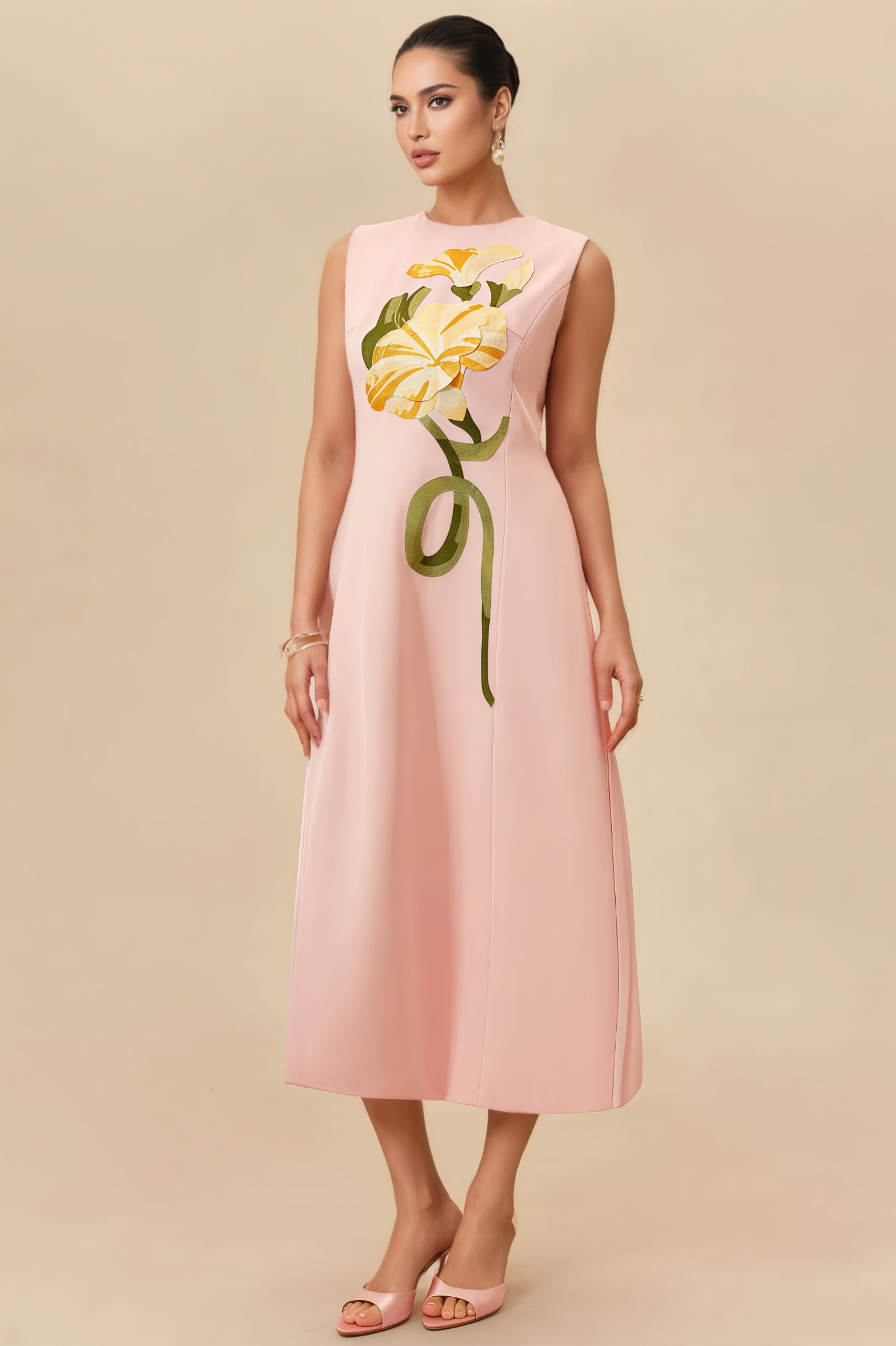 Leville Pink Sleeveless Embroidery Midi Dress