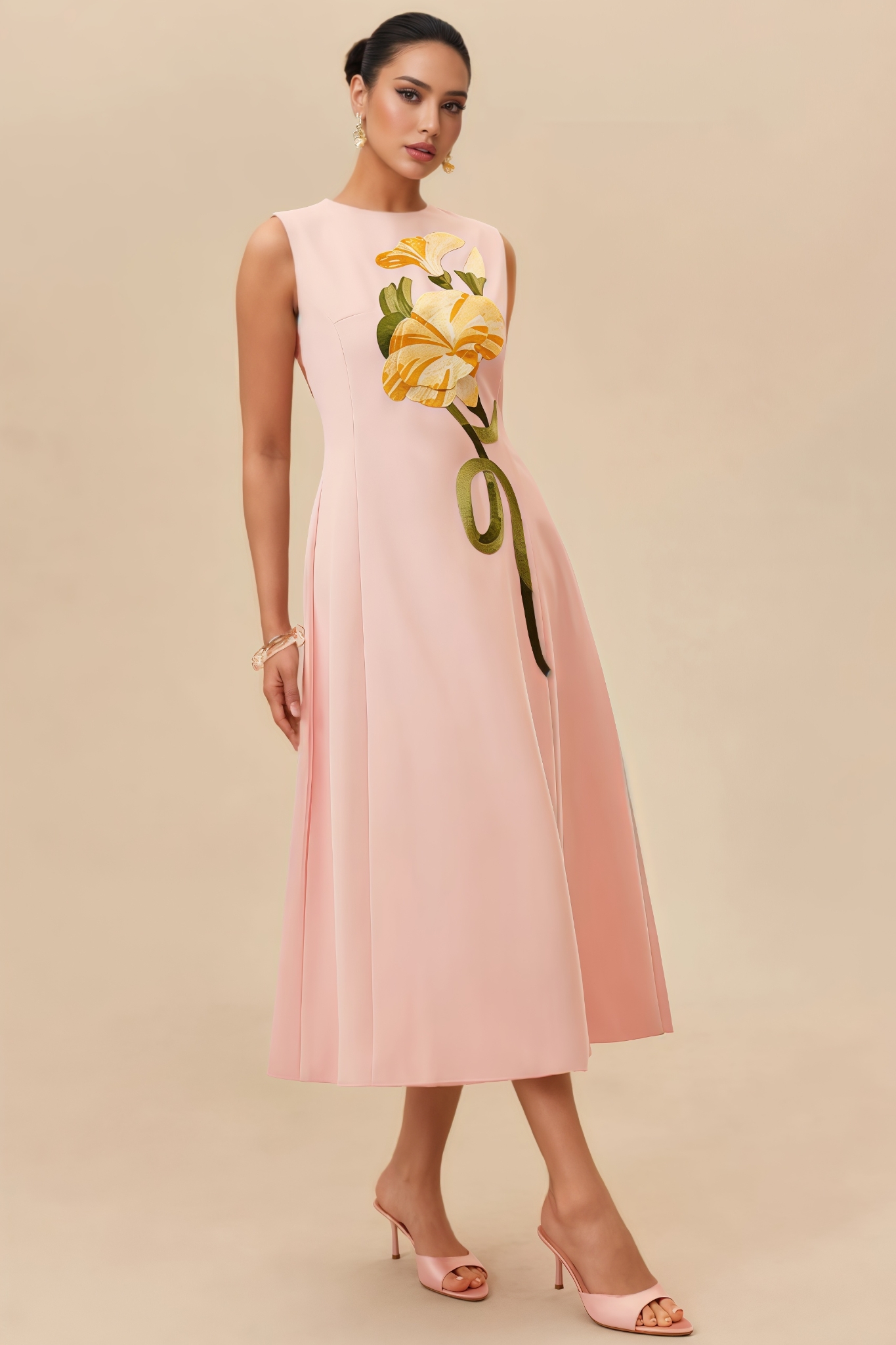 Leville Pink Sleeveless Embroidery Midi Dress