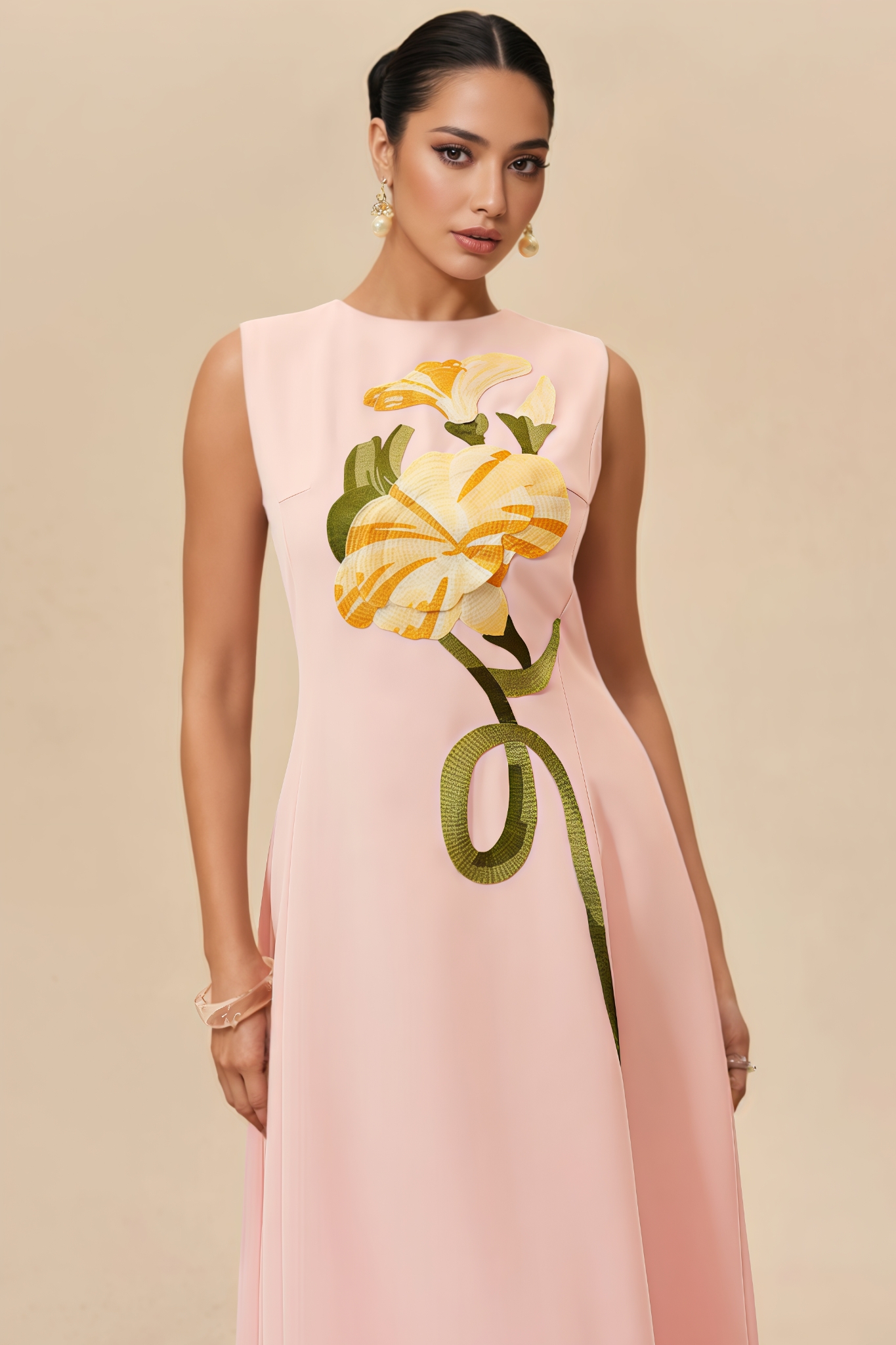 Leville Pink Sleeveless Embroidery Midi Dress