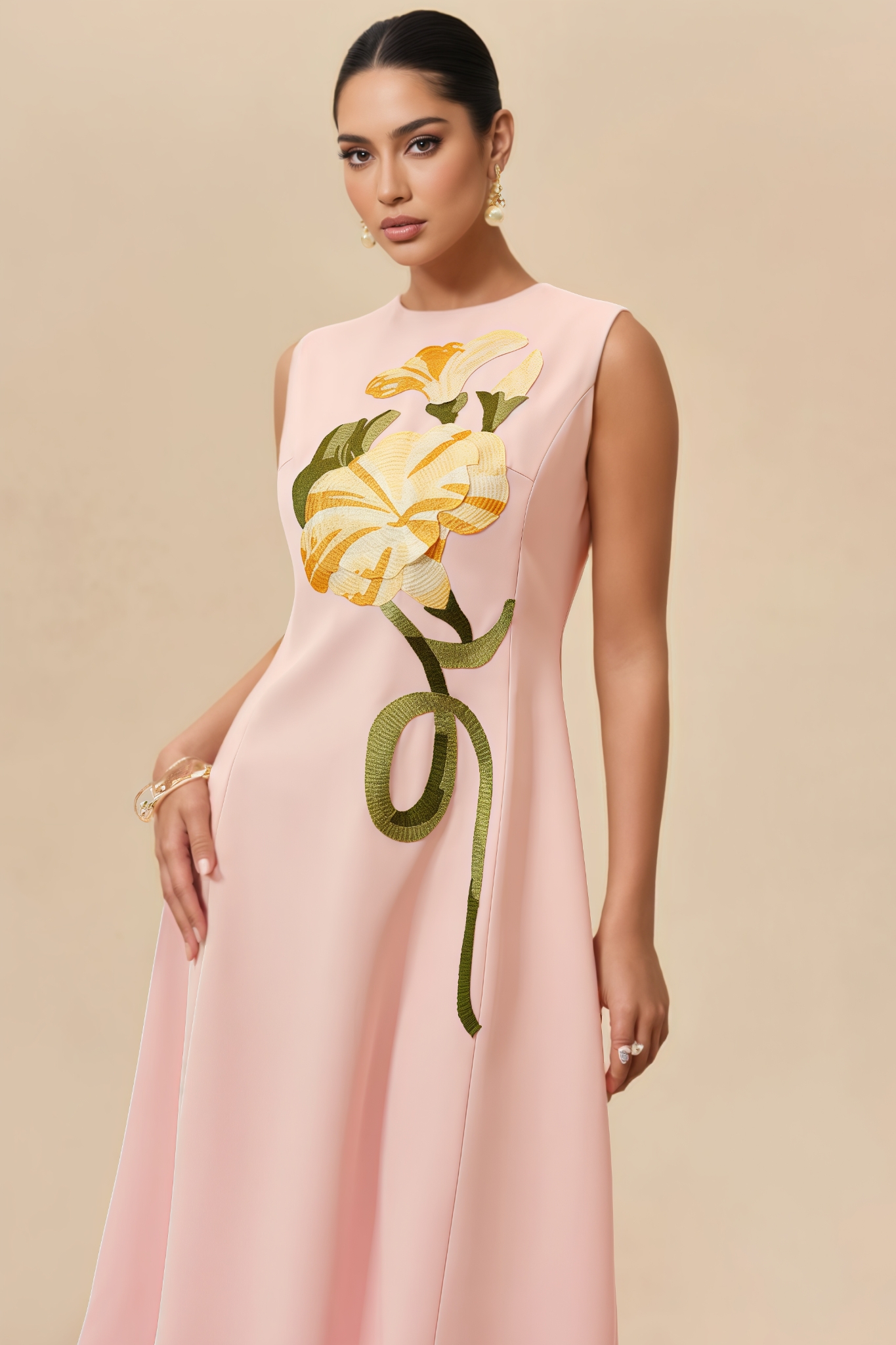 Leville Pink Sleeveless Embroidery Midi Dress