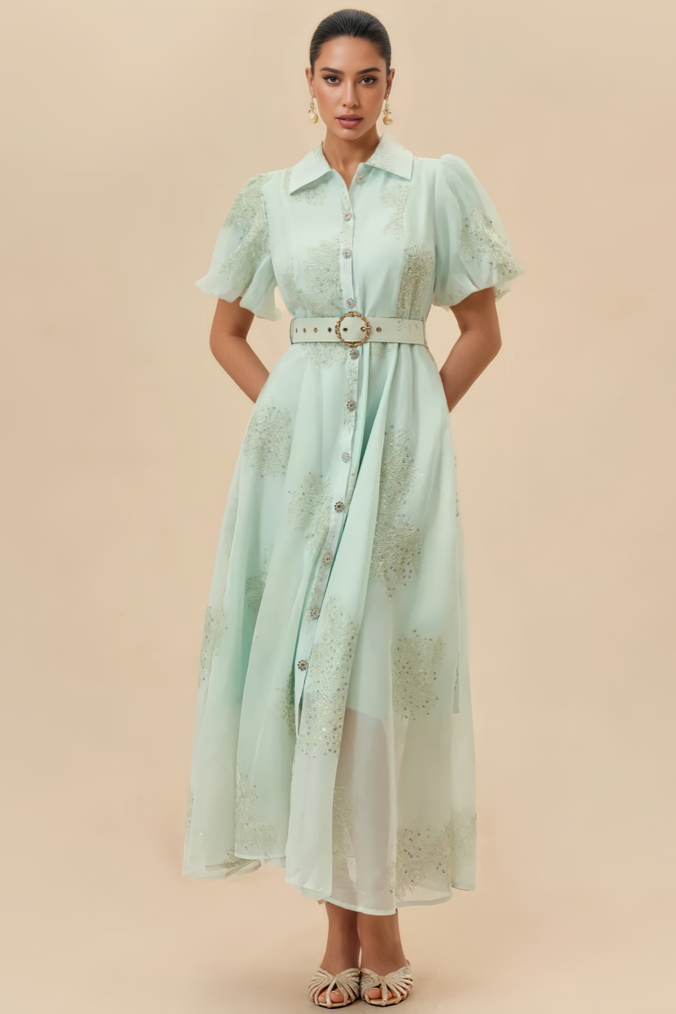 Jlric Green Short Sleeve Embroidered Maxi Dress