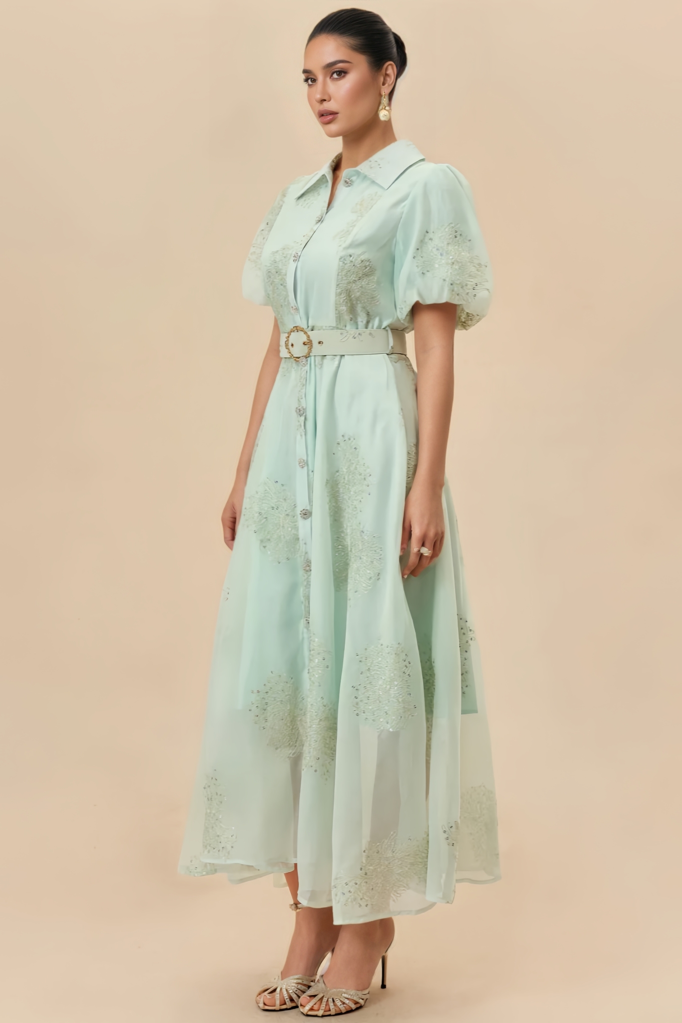 Jlric Green Short Sleeve Embroidered Maxi Dress