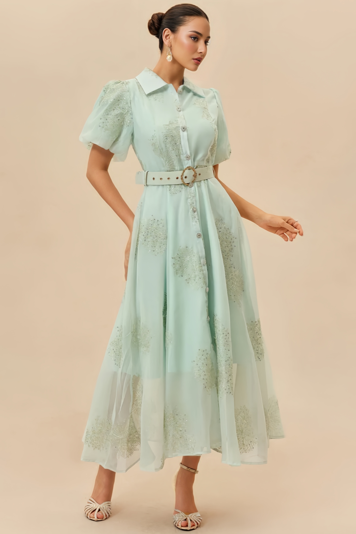 Jlric Green Short Sleeve Embroidered Maxi Dress