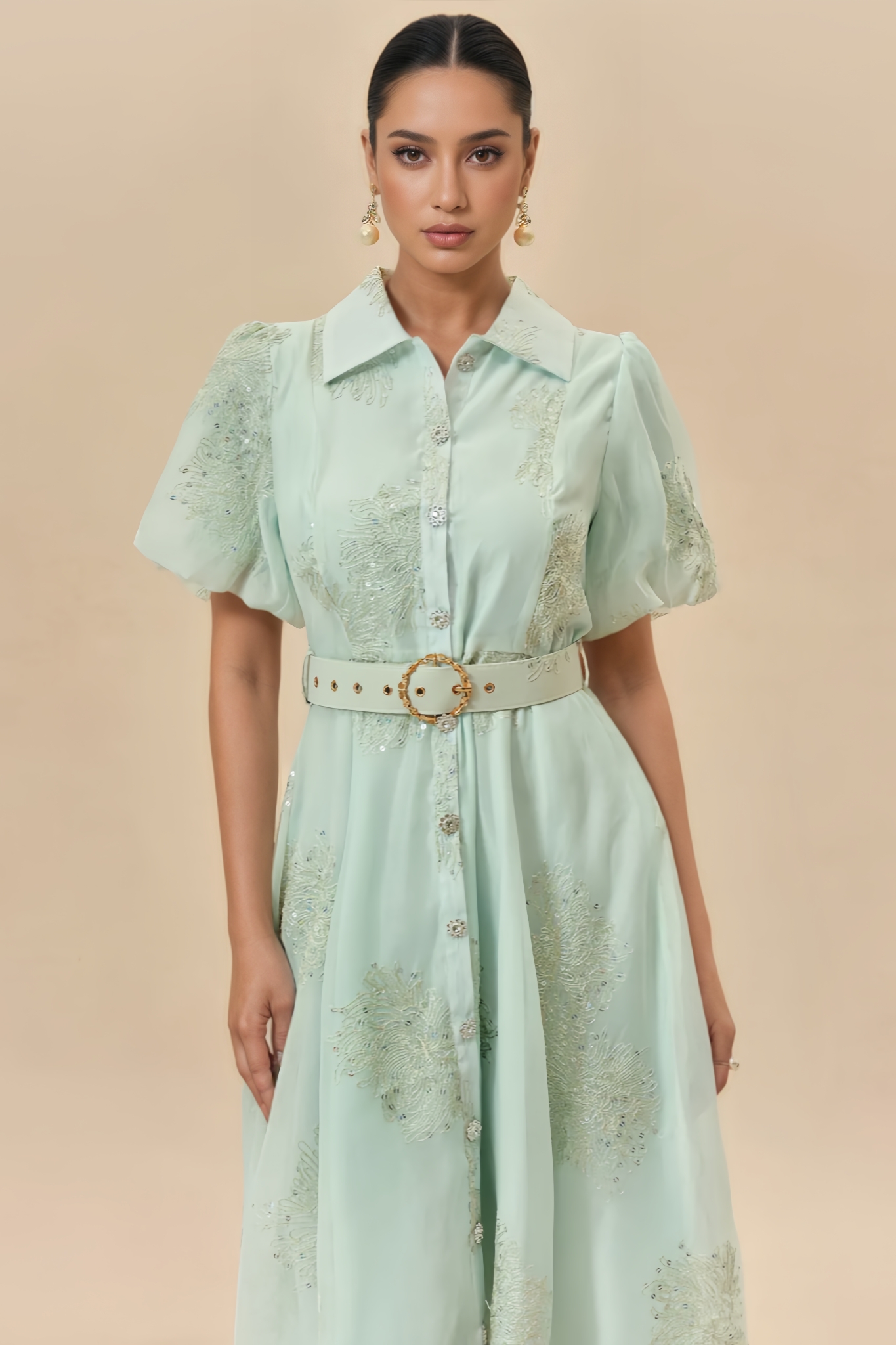 Jlric Green Short Sleeve Embroidered Maxi Dress