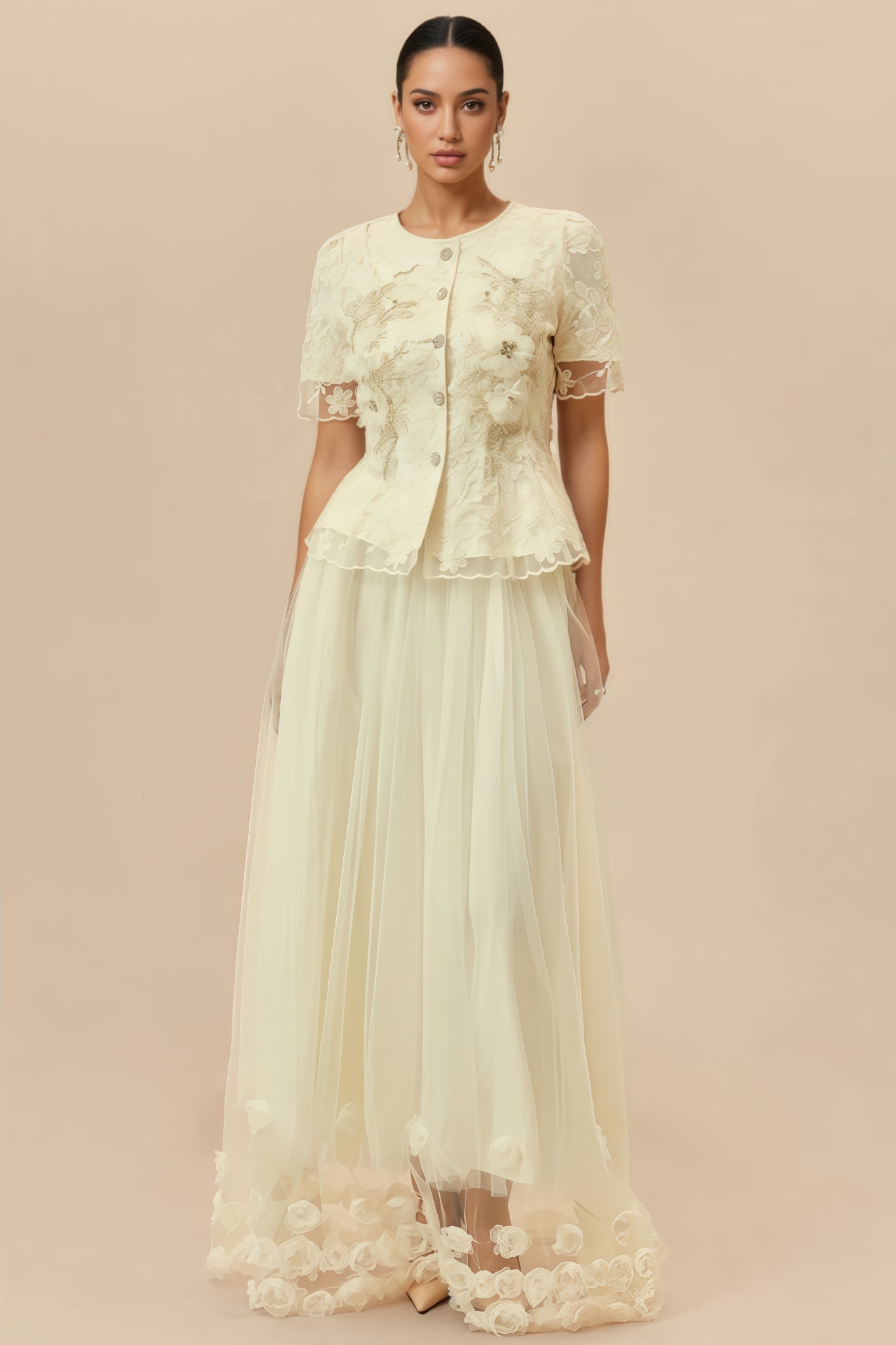 Hristan Beige 3D Floral Tulle Maxi Dress Set