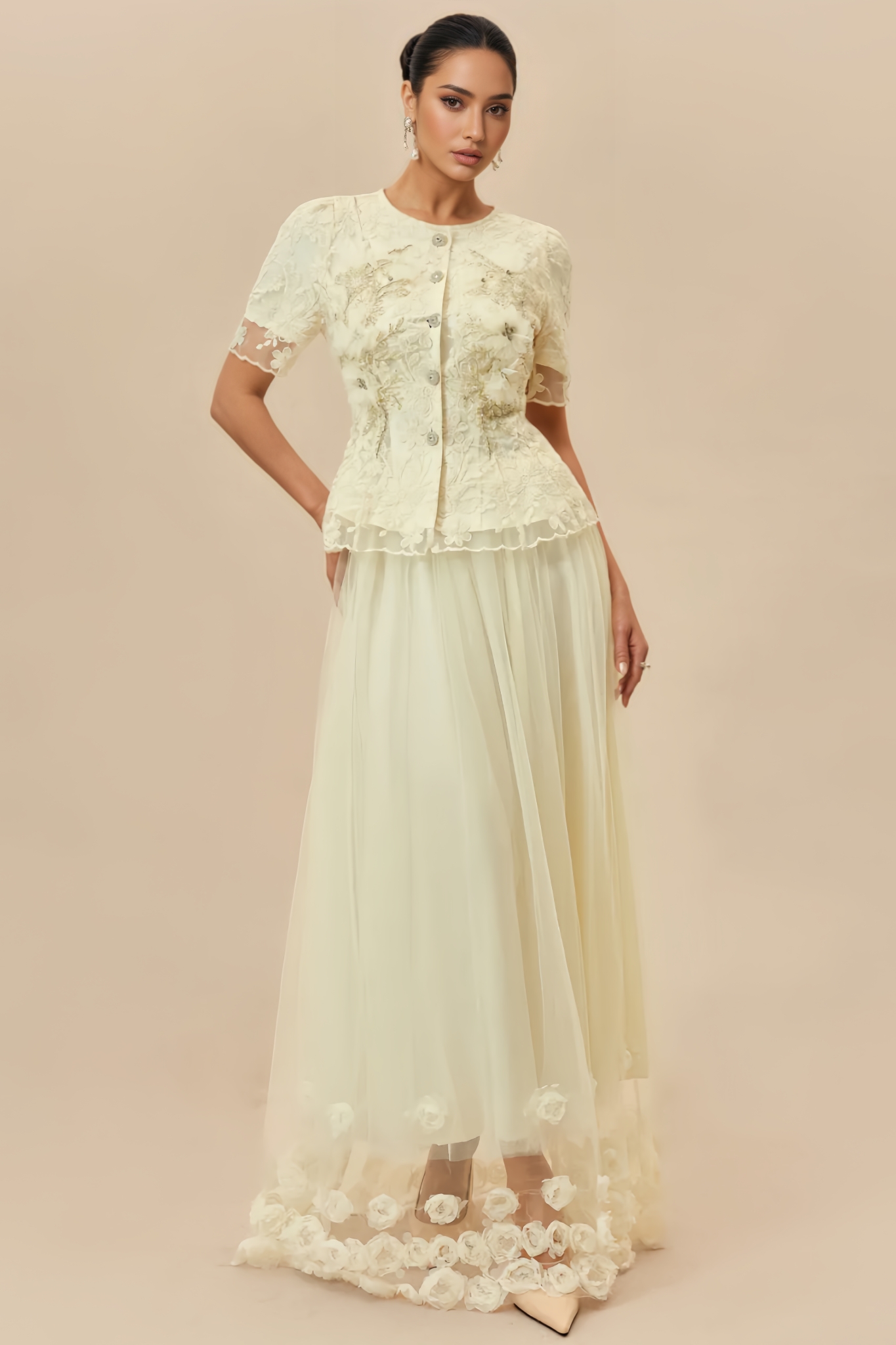 Hristan Beige 3D Floral Tulle Maxi Dress Set