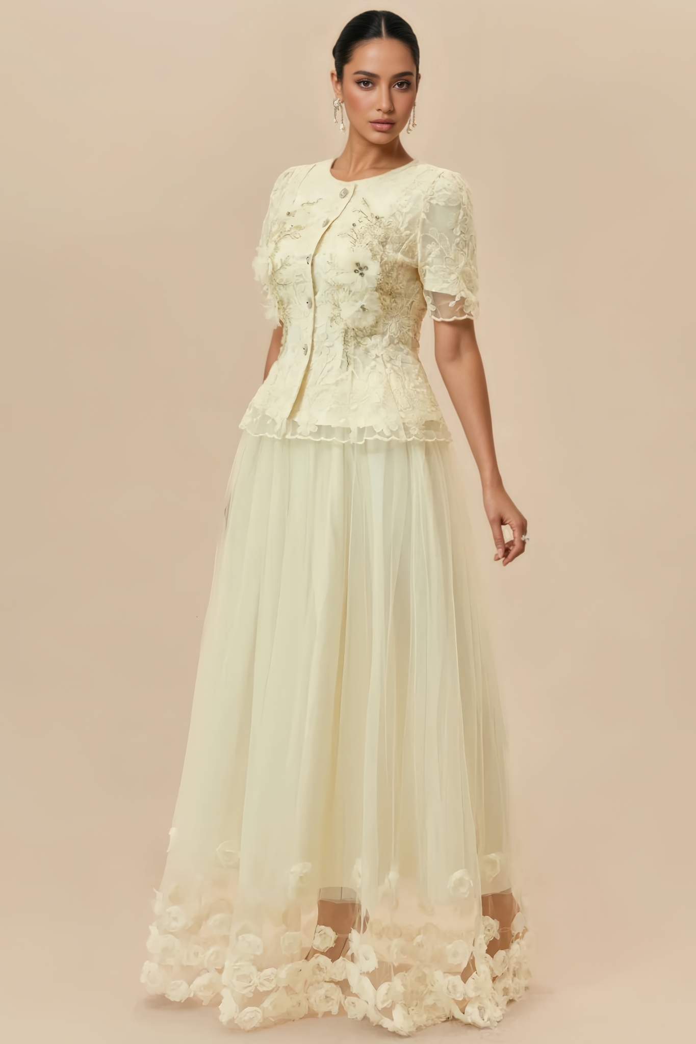 Hristan Beige 3D Floral Tulle Maxi Dress Set