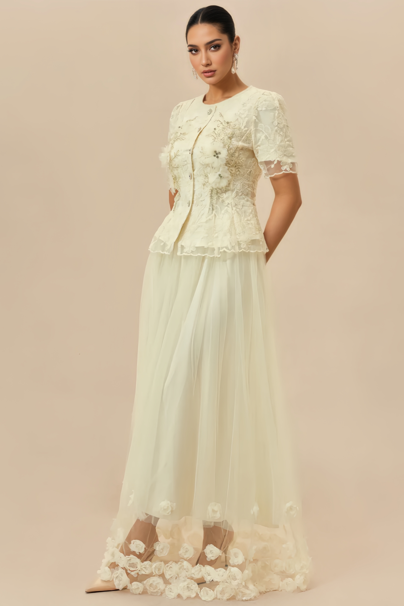 Hristan Beige 3D Floral Tulle Maxi Dress Set