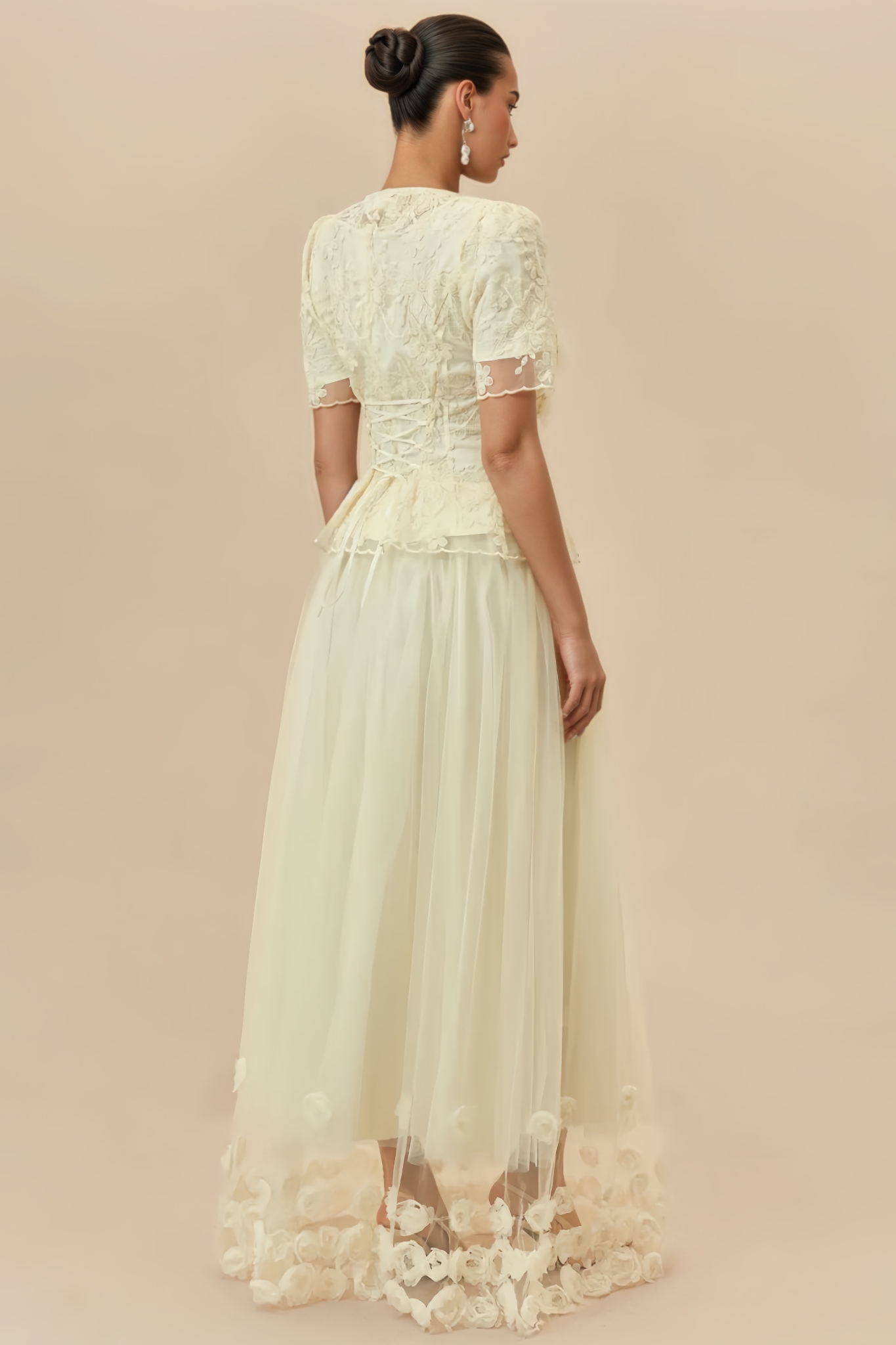 Hristan Beige 3D Floral Tulle Maxi Dress Set