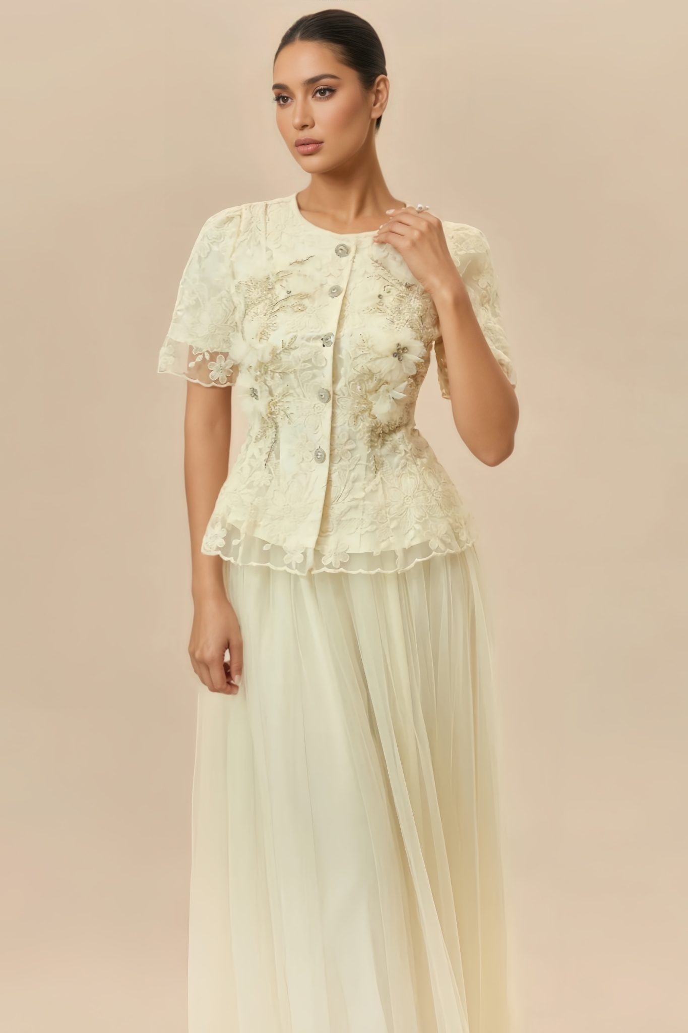 Hristan Beige 3D Floral Tulle Maxi Dress Set