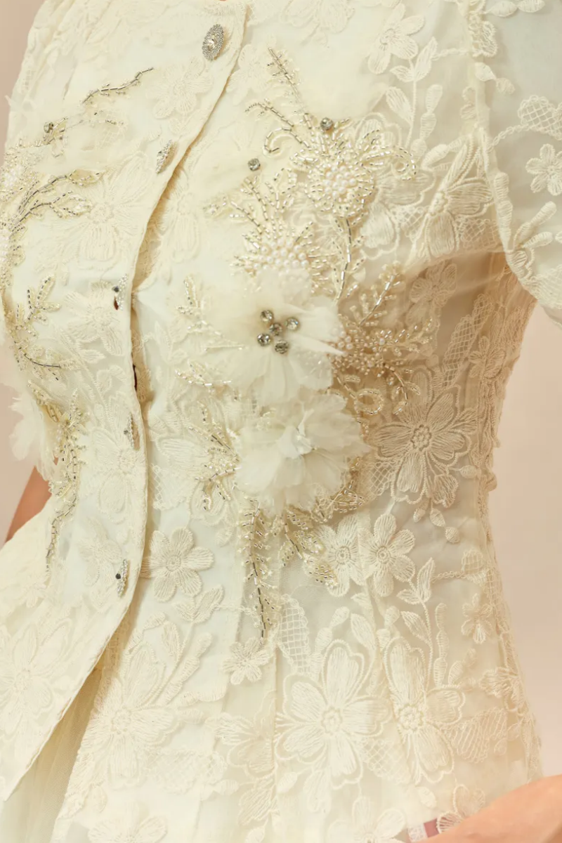 Hristan Beige 3D Floral Tulle Maxi Dress Set