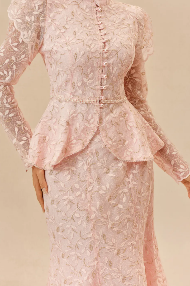 Nynra Pink Lace Ruffle Maxi Dress Set