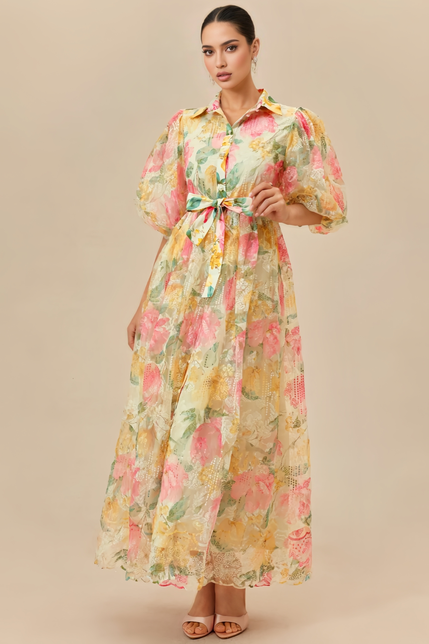 Kamsin Puff Sleeve Floral Print Maxi Dress