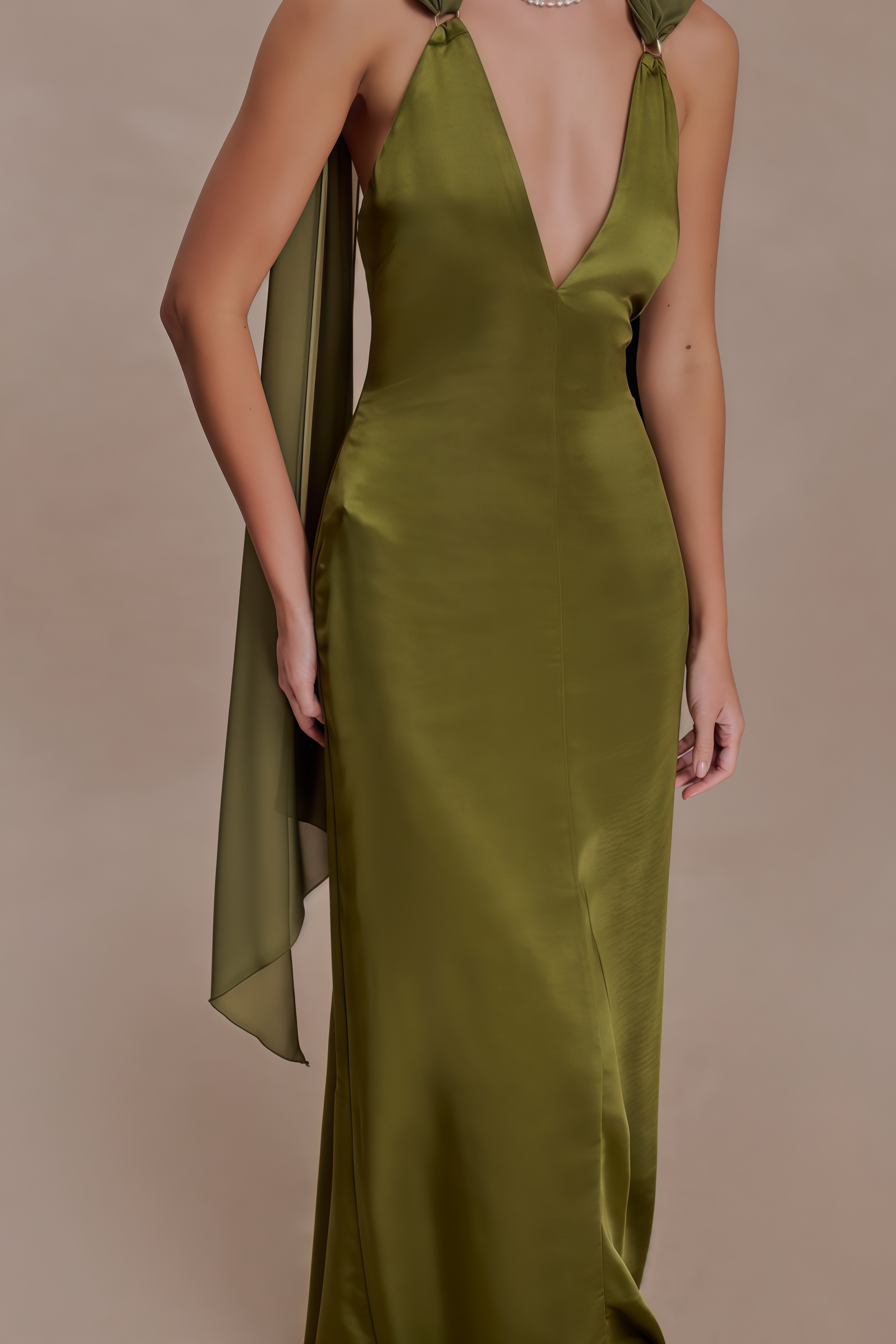 Vhlioty Green Backless Satin Maxi Dress