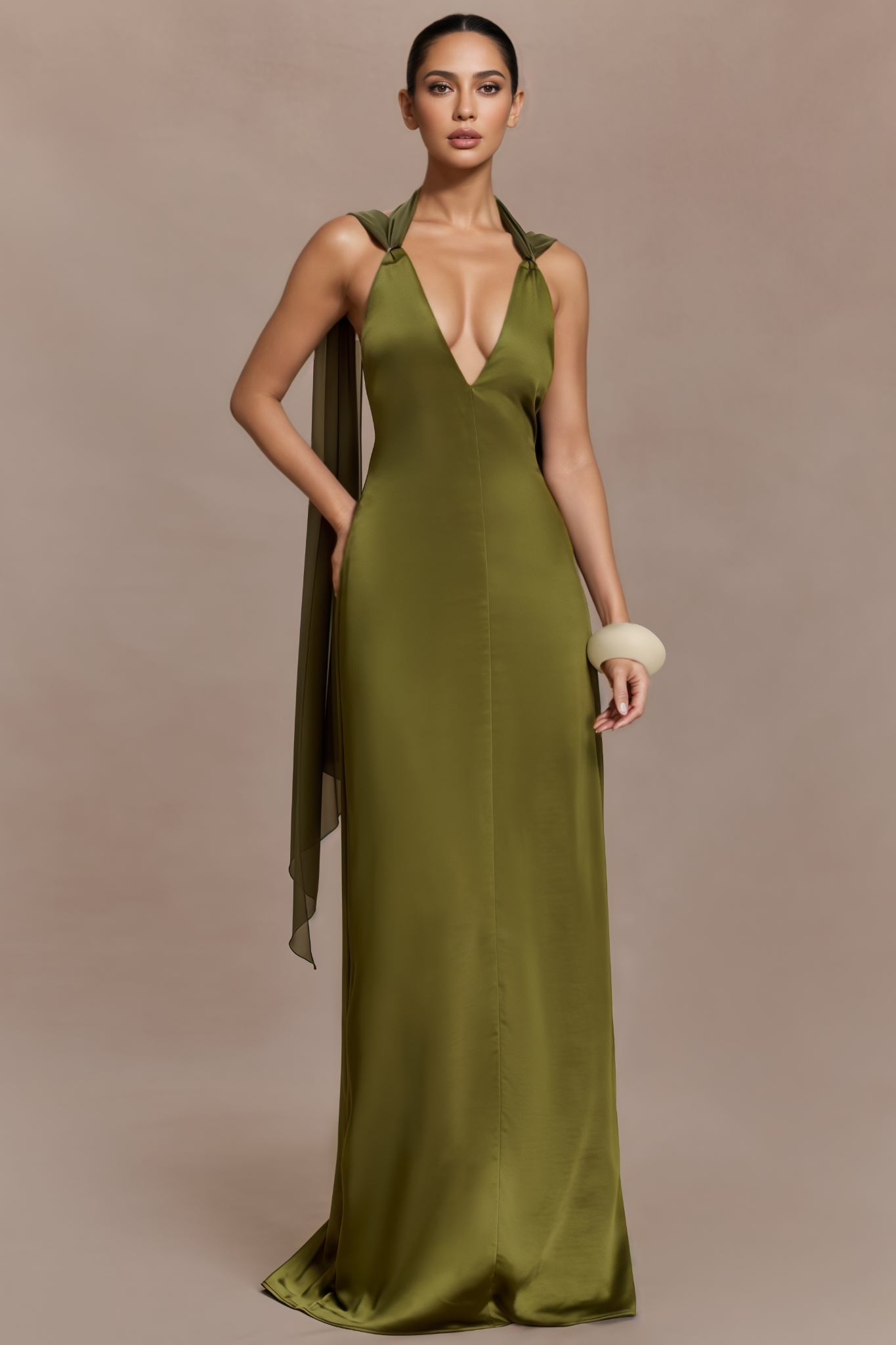 Vhlioty Green Backless Satin Maxi Dress