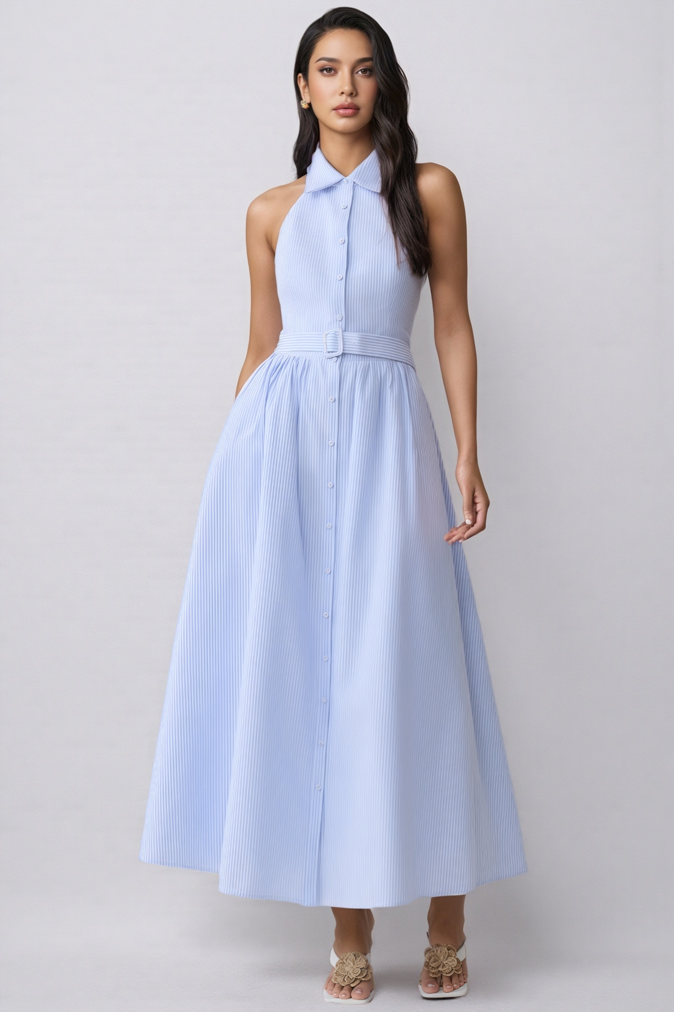 Eash Blue Collared Stripe Maxi Dress