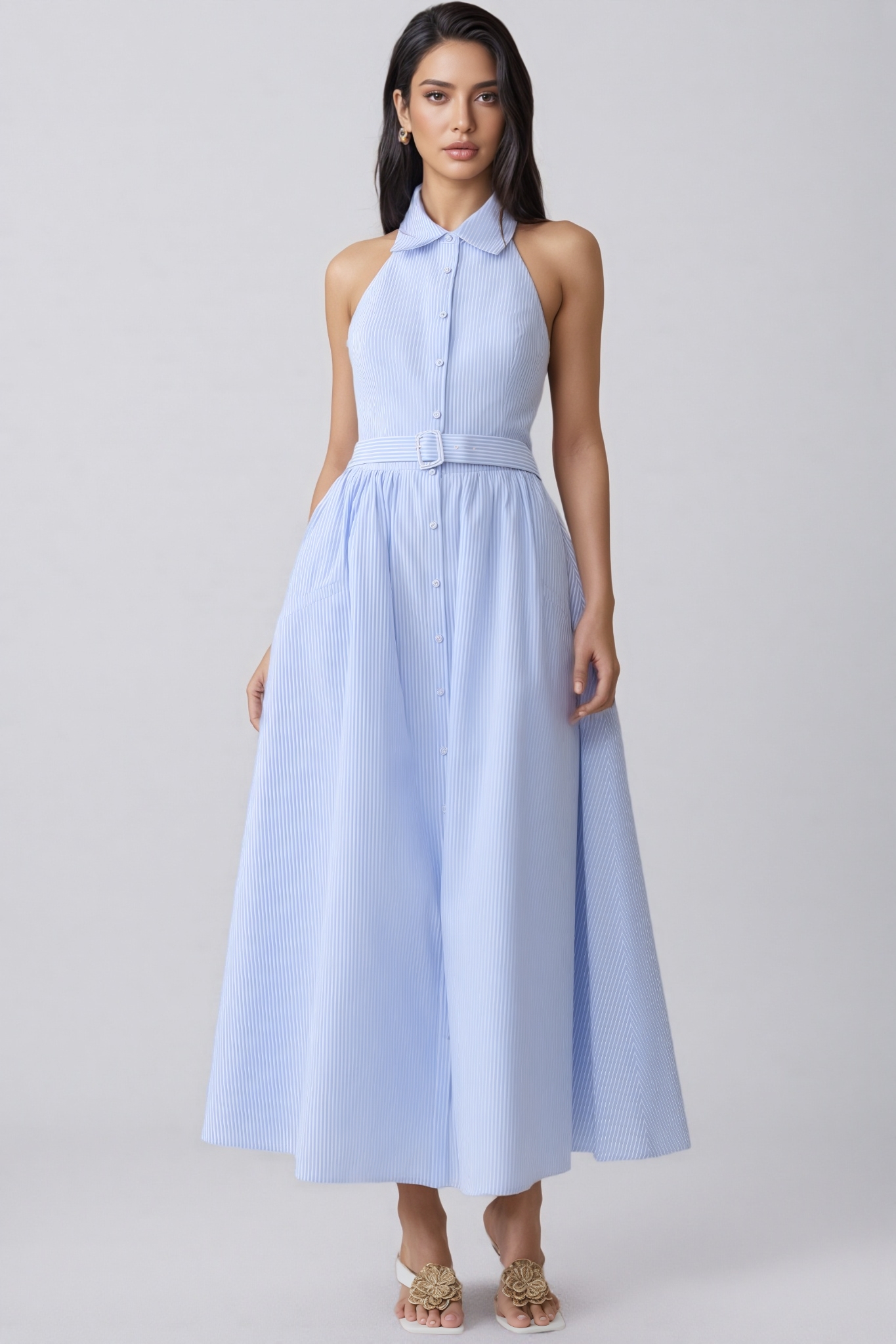 Eash Blue Collared Stripe Maxi Dress
