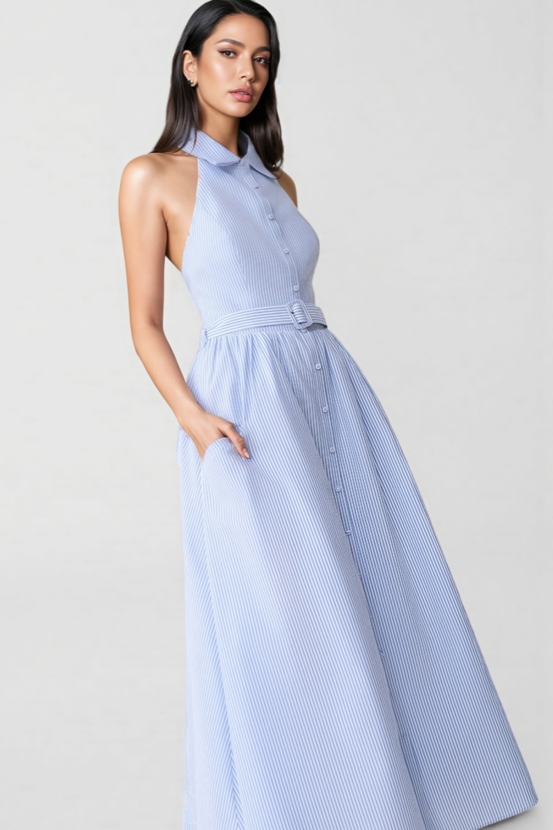 Eash Blue Collared Stripe Maxi Dress