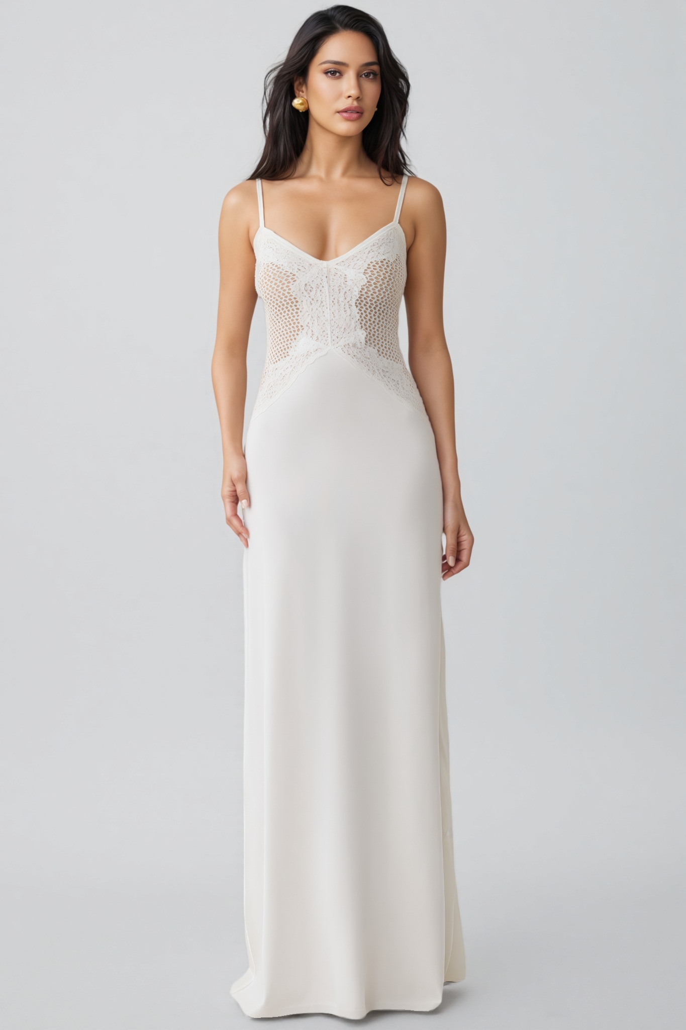 Gisalle White Halter Lace Knit Maxi Dress