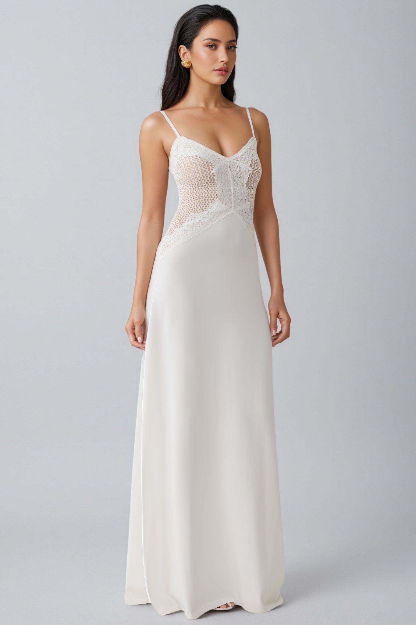 Gisalle White Halter Lace Knit Maxi Dress