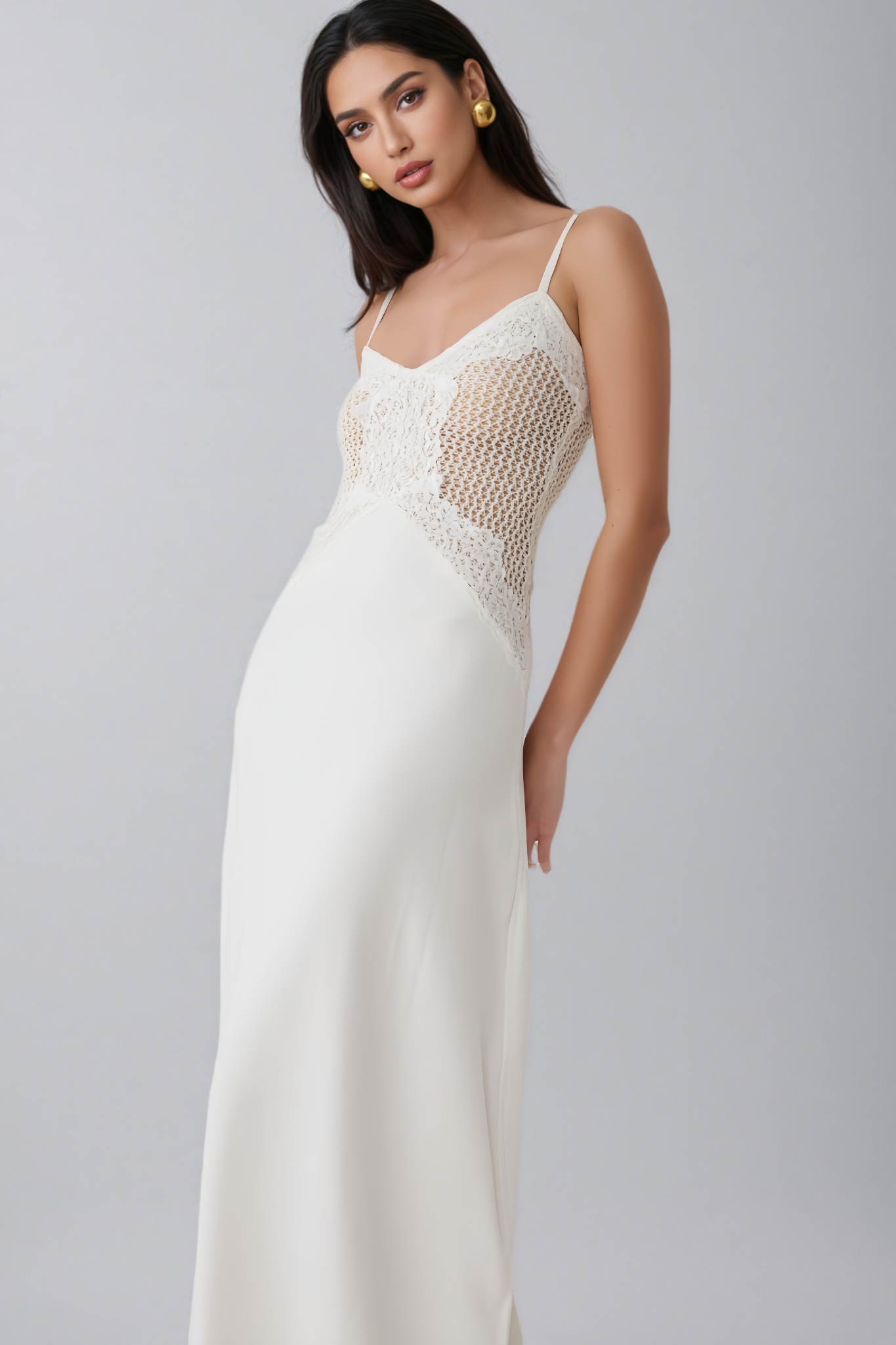Gisalle White Halter Lace Knit Maxi Dress