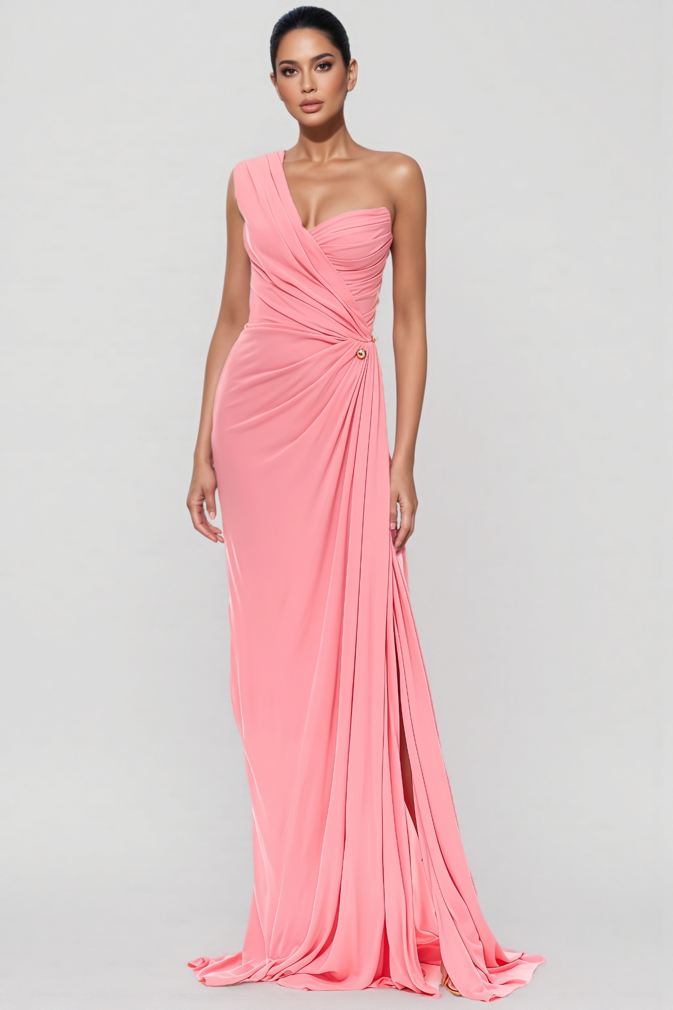 Jacey Pink One Shoulder Pleated Maxi Dress