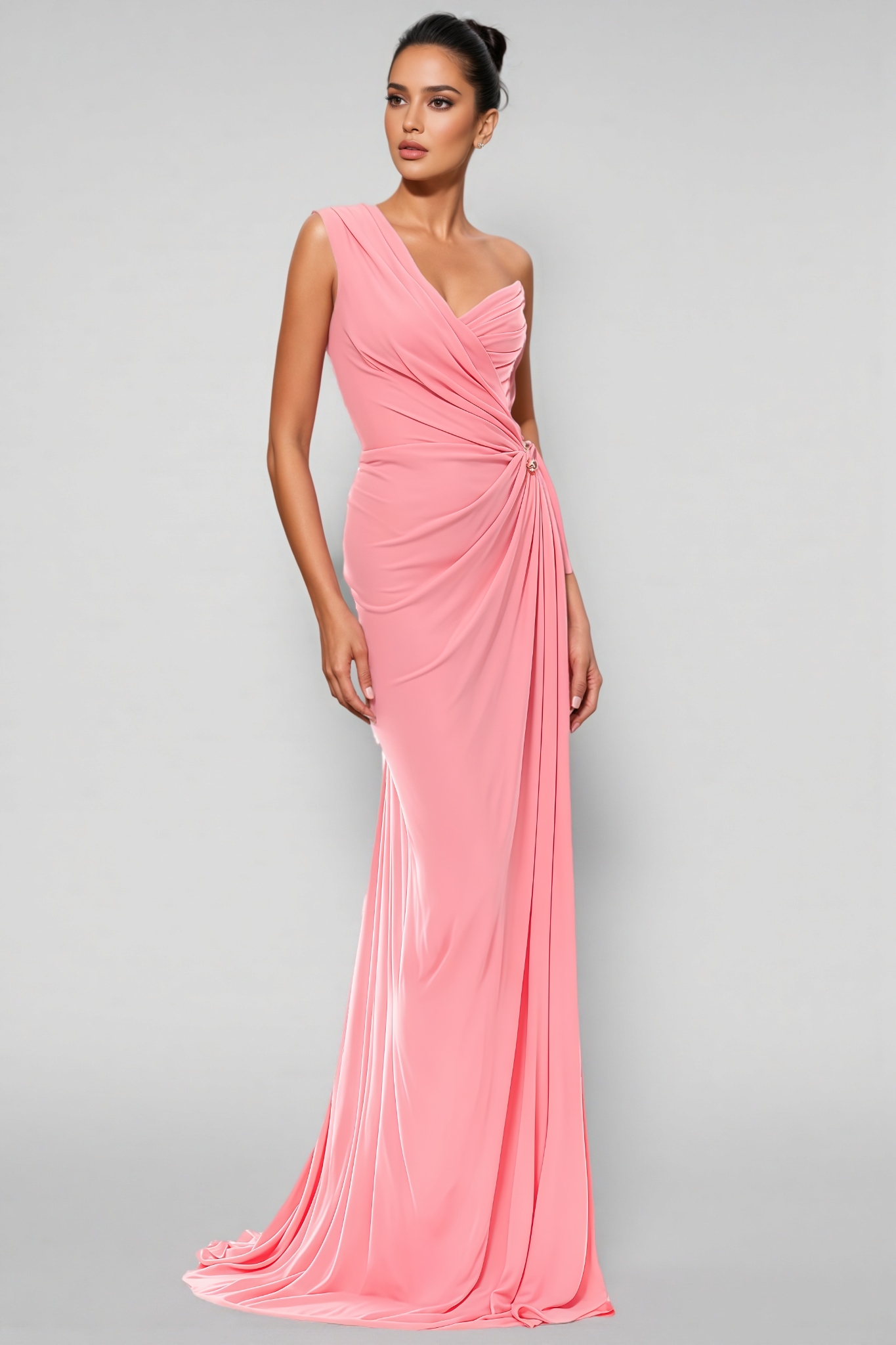 Jacey Pink One Shoulder Pleated Maxi Dress