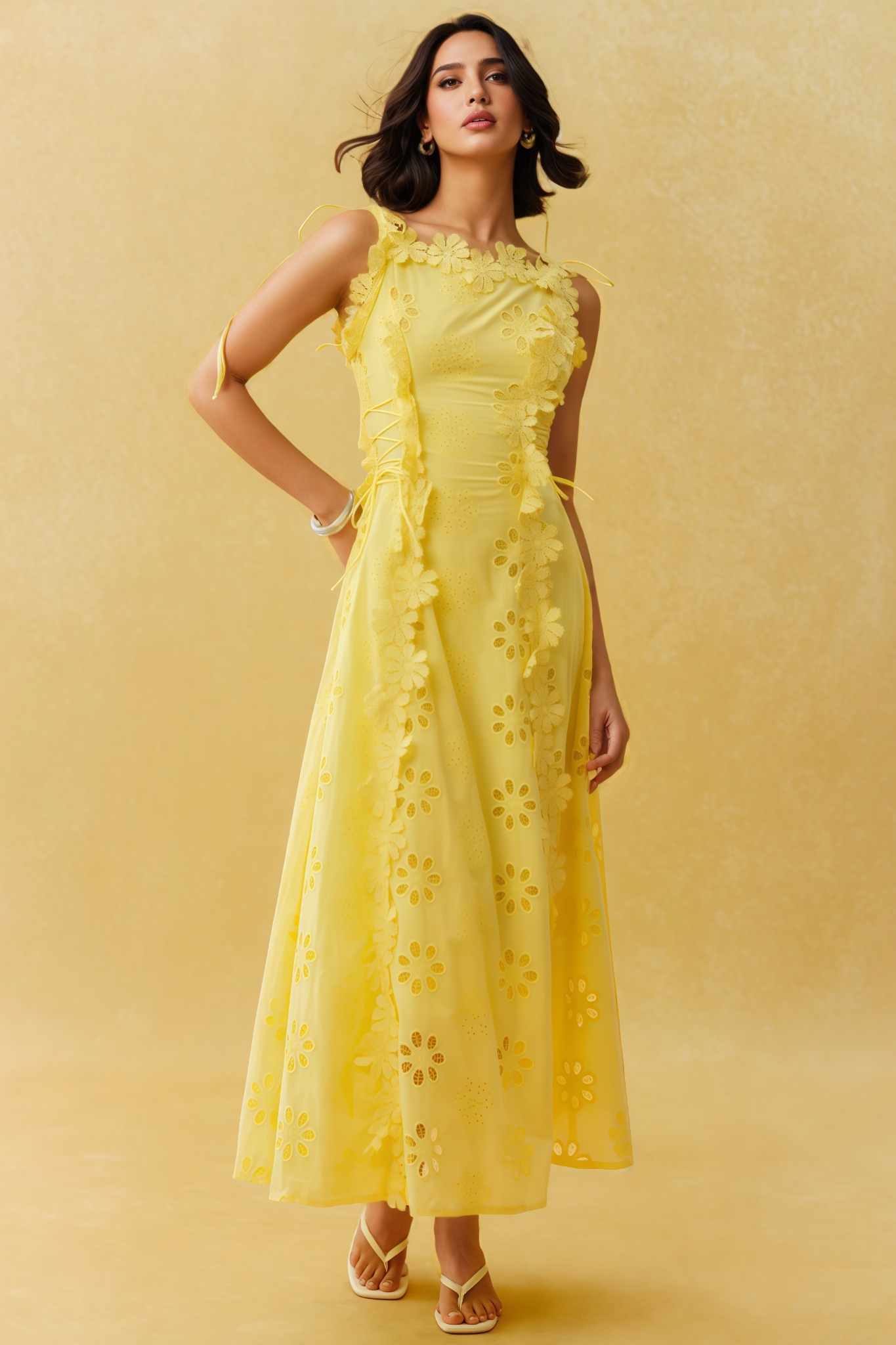 Celypso Yellow 3D Floral Embroidery Maxi Dress