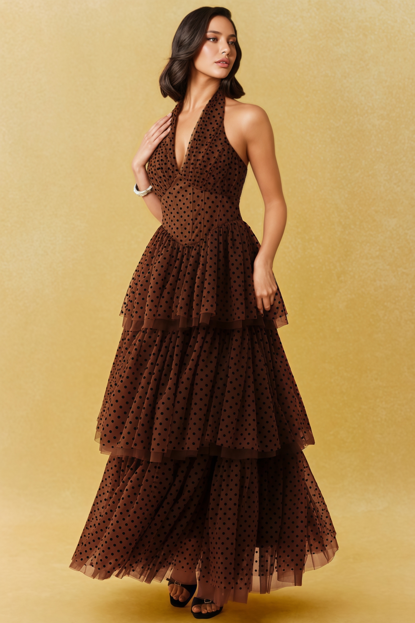 Bartrem Brown Halter Neck Tulle Maxi Dress