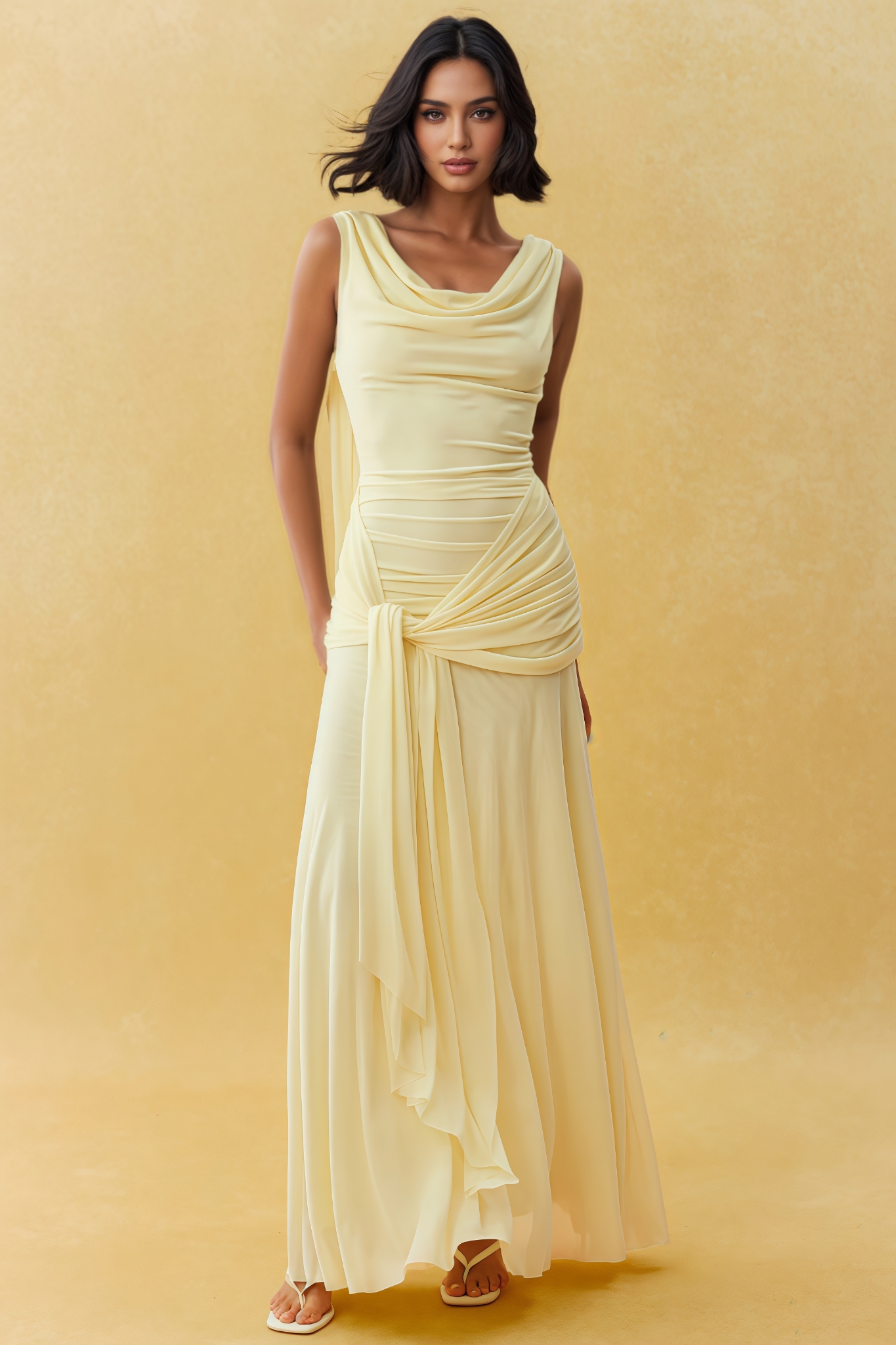 Rowena Yellow Backless Draped Maxi Dress