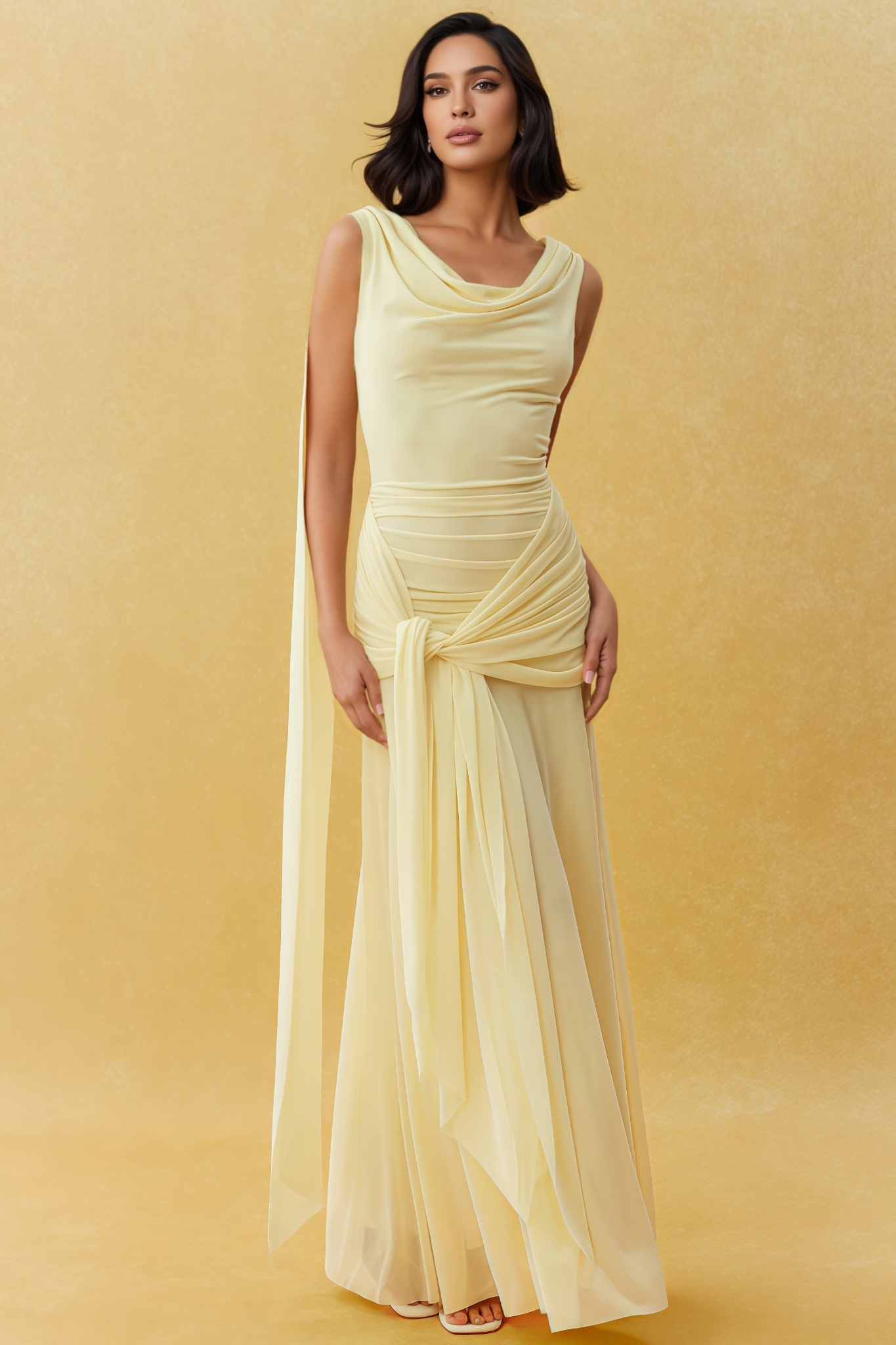 Rowena Yellow Backless Draped Maxi Dress