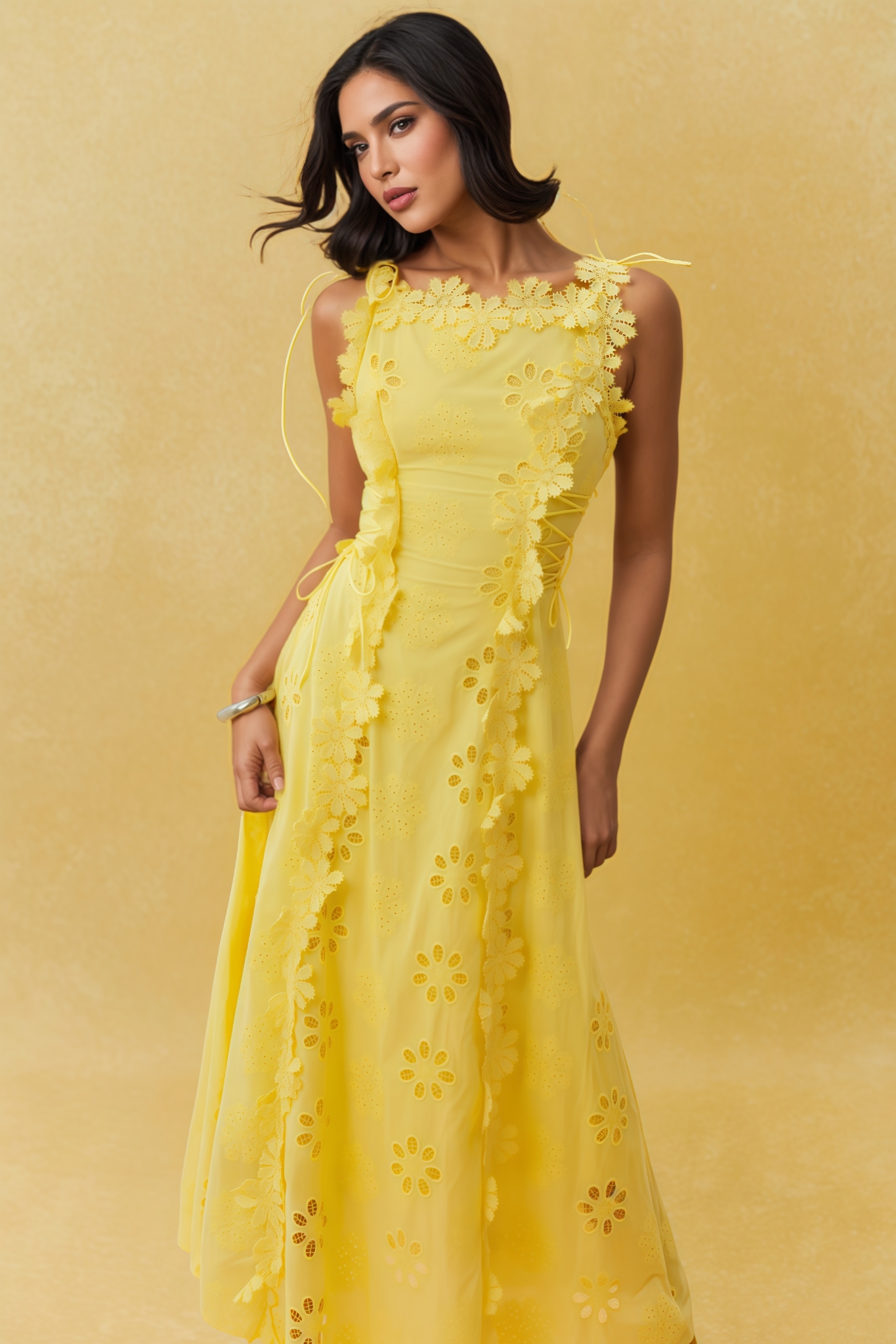 Celypso Yellow 3D Floral Embroidery Maxi Dress