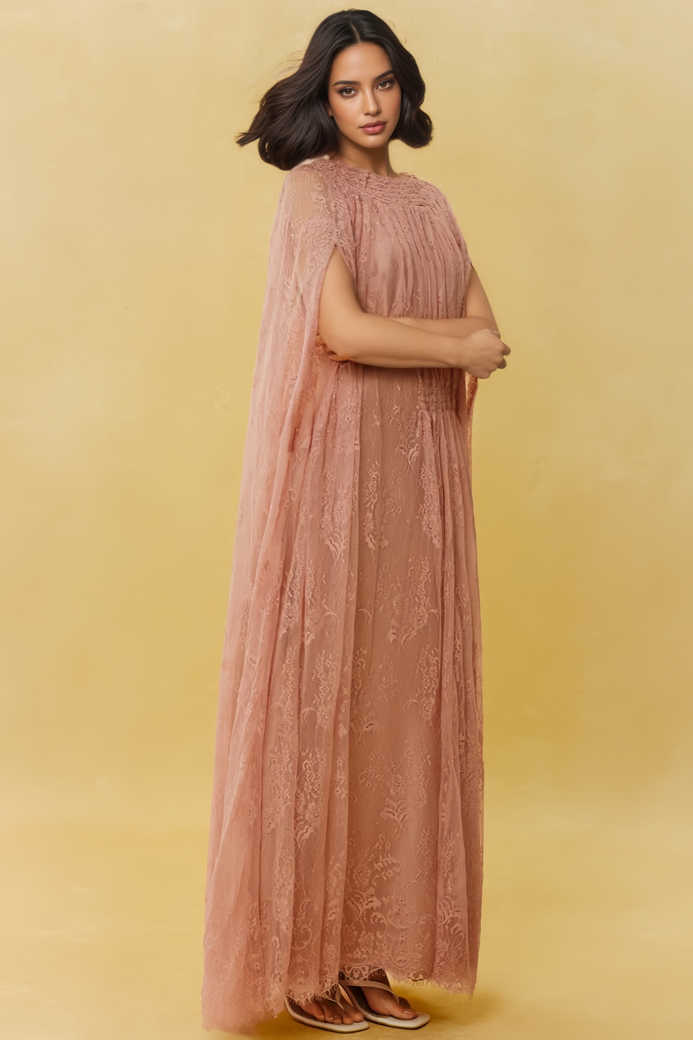 Pabian Pink Lace Cape Sleeve Maxi Dress