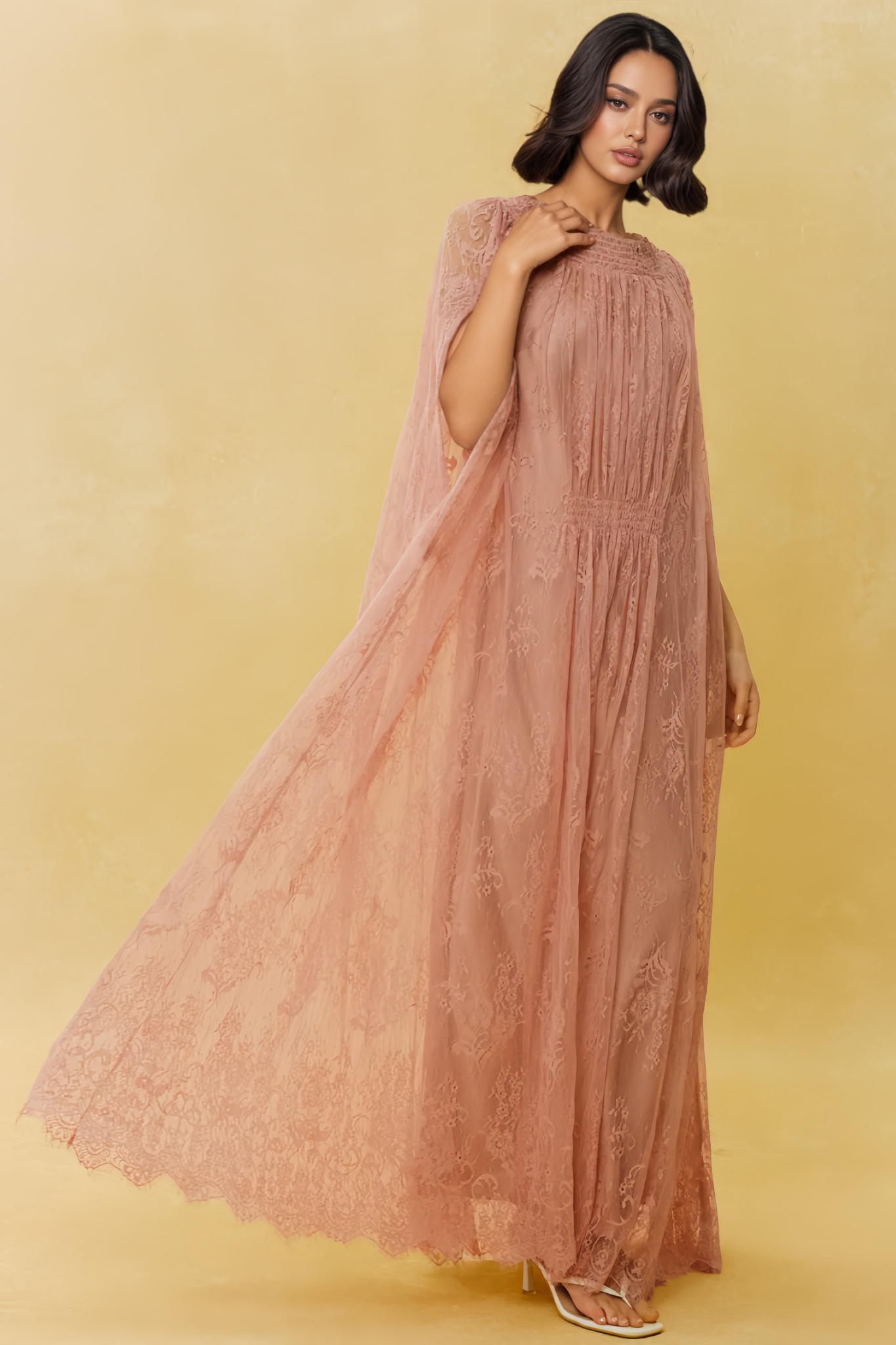 Pabian Pink Lace Cape Sleeve Maxi Dress