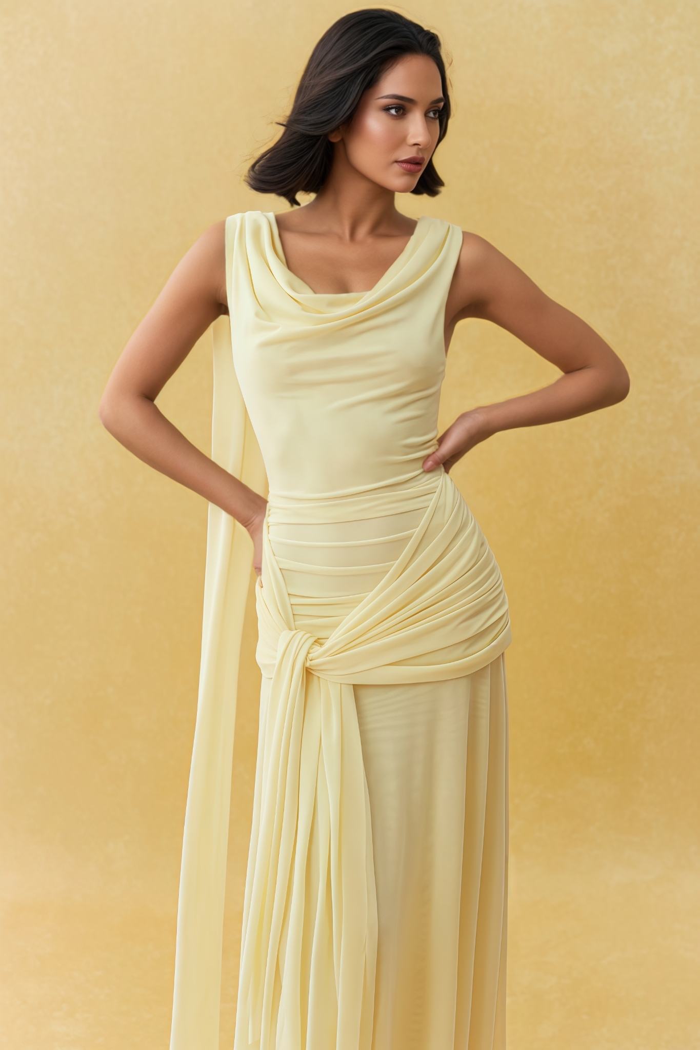 Rowena Yellow Backless Draped Maxi Dress