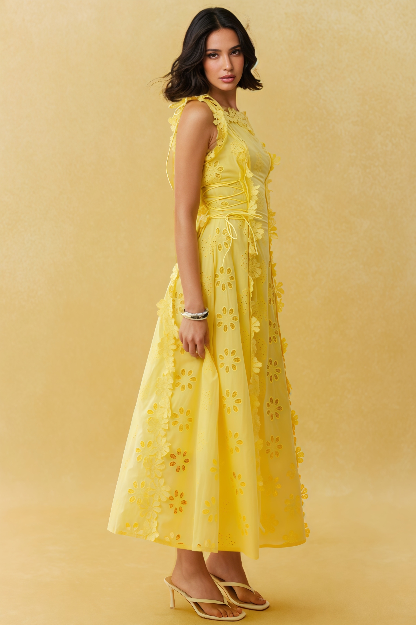 Celypso Yellow 3D Floral Embroidery Maxi Dress