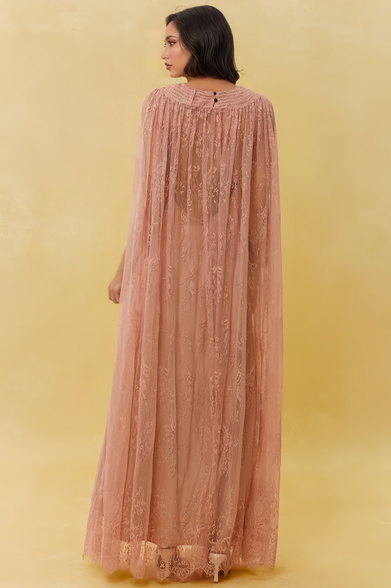 Pabian Pink Lace Cape Sleeve Maxi Dress