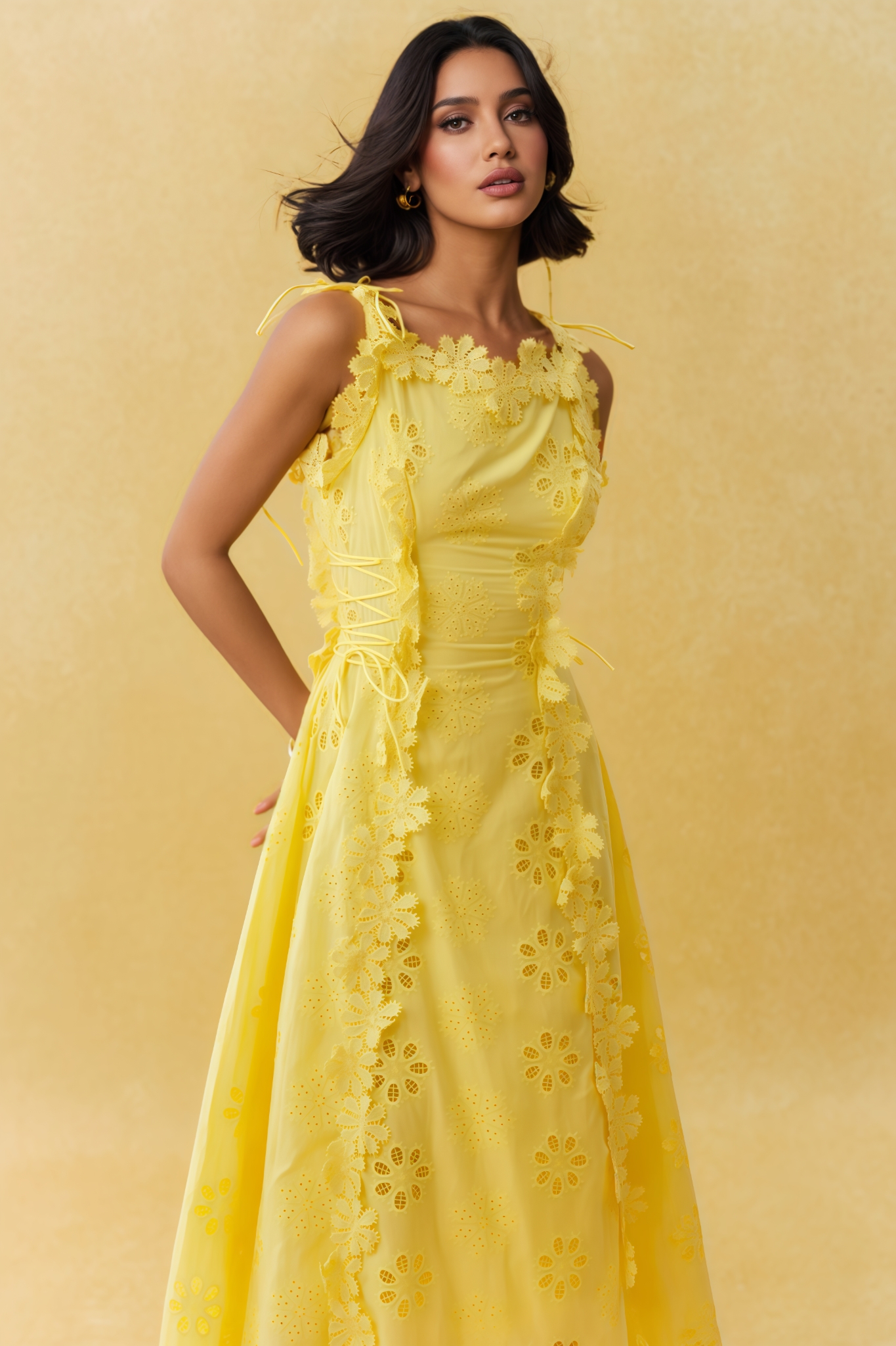 Celypso Yellow 3D Floral Embroidery Maxi Dress