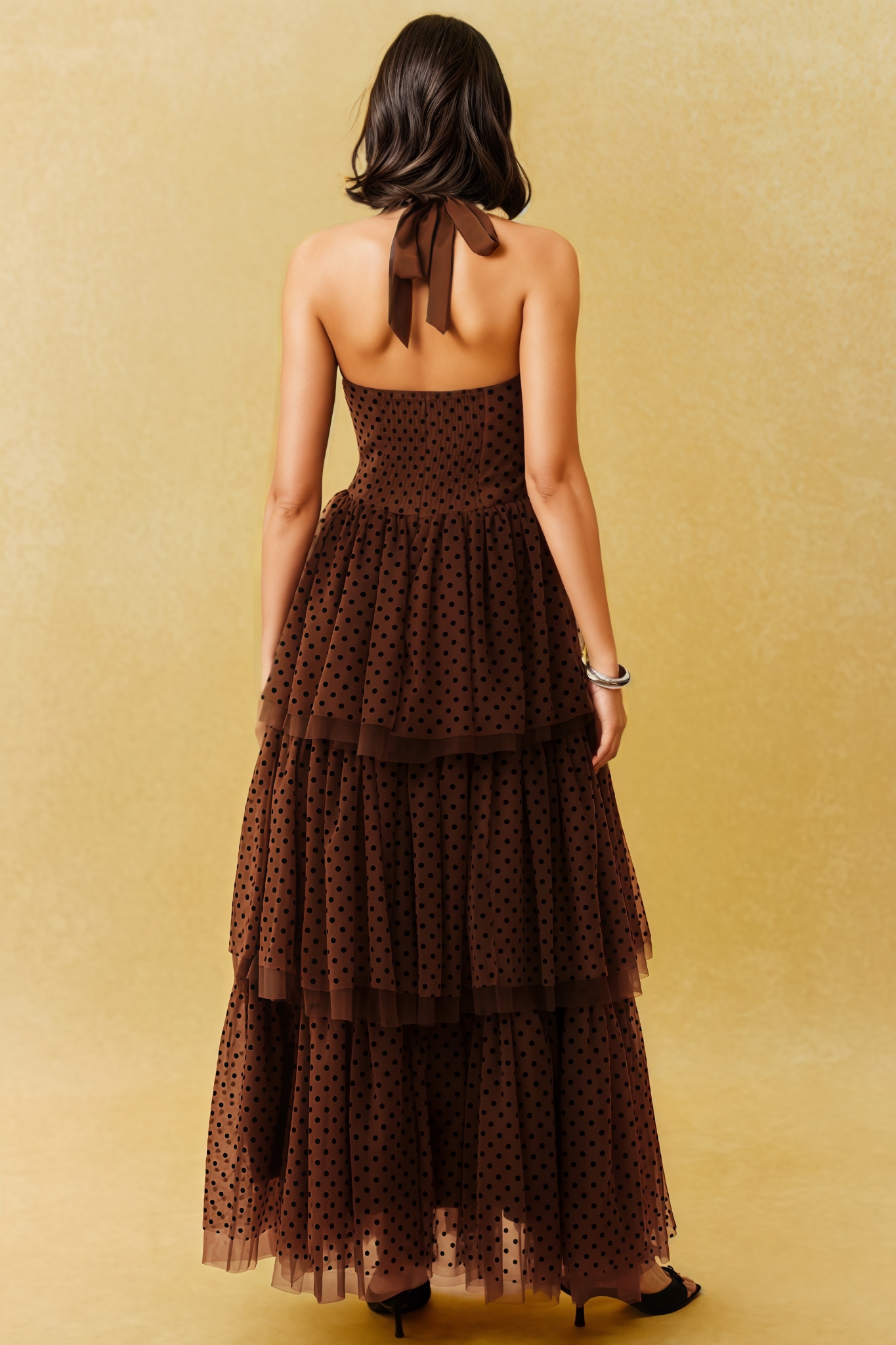 Bartrem Brown Halter Neck Tulle Maxi Dress