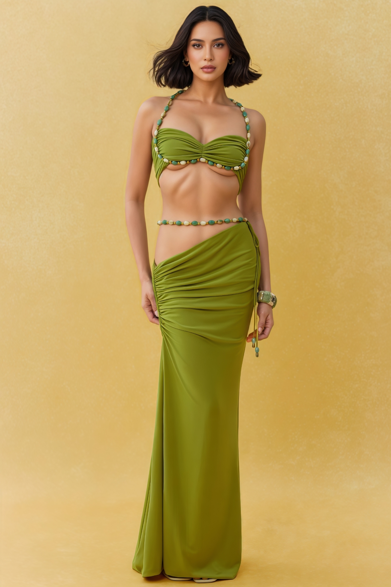 Rafe Green Halter Neck Ruched Maxi Dress Set