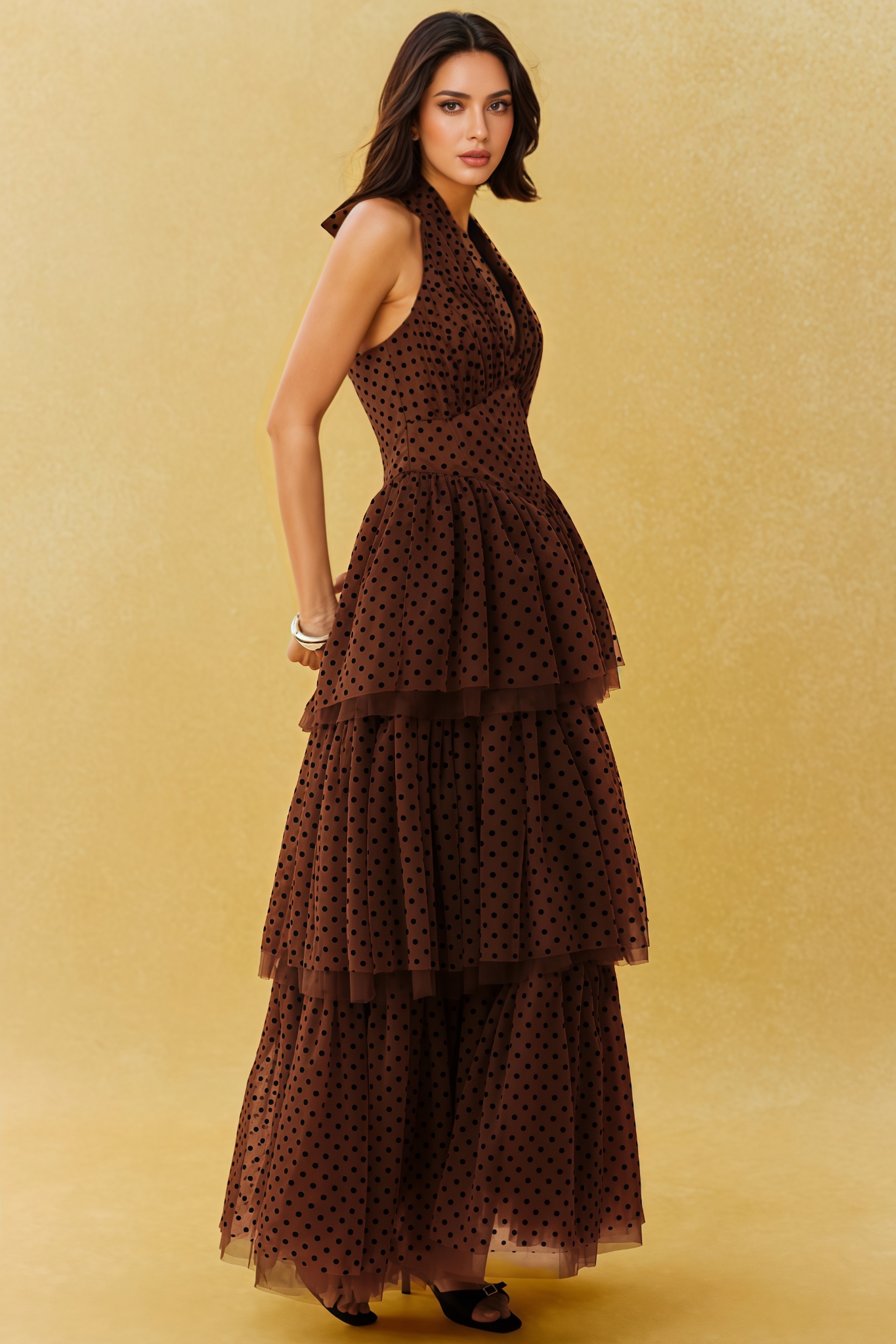 Bartrem Brown Halter Neck Tulle Maxi Dress