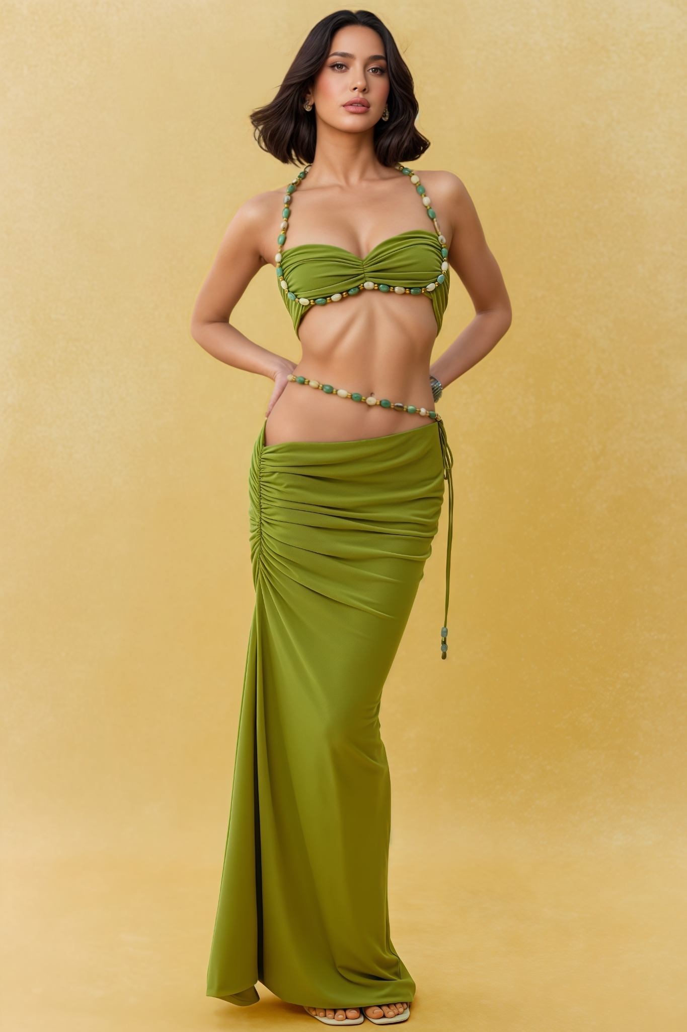 Rafe Green Halter Neck Ruched Maxi Dress Set